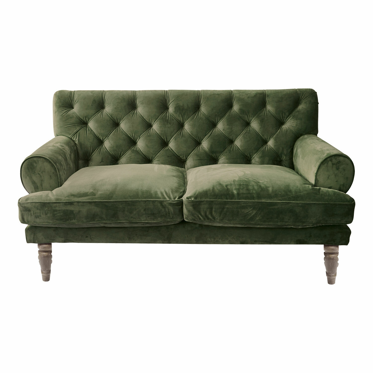 verde Sofá verde de terciopelo con respaldo capitoné y patas de madera para salón elegante