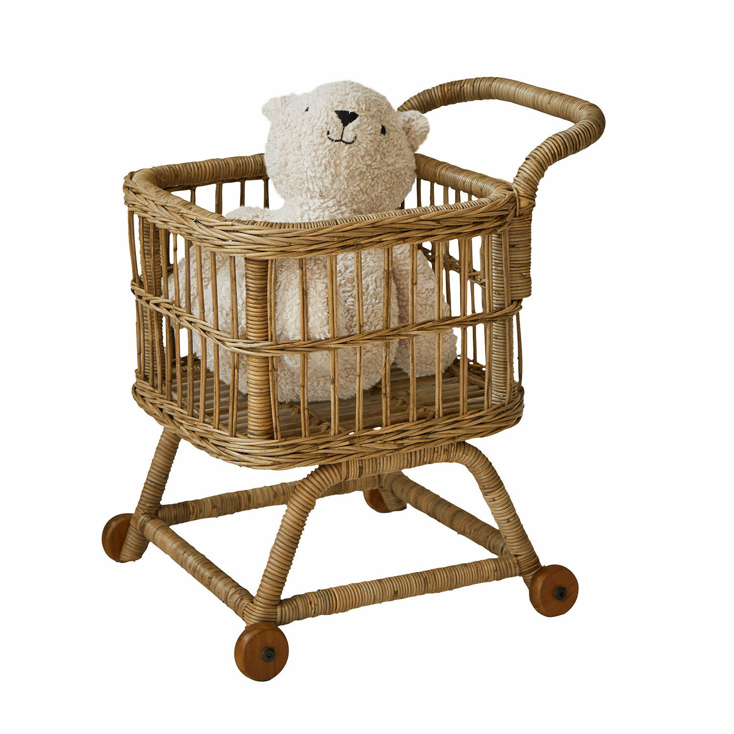 Carrito de la compra Callidia Carrito infantil de mimbre con oso de peluche beige, decoración para habitación infantil