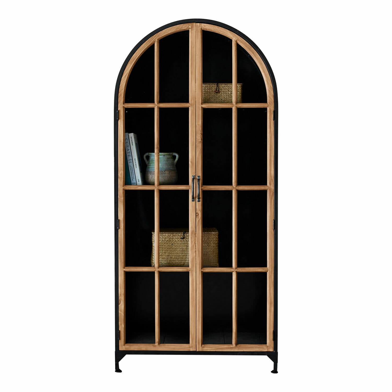 Vitrina Mardilly Vitrina de madera natural y metal negro con puertas de cristal y estantes para almacenamiento decorativo