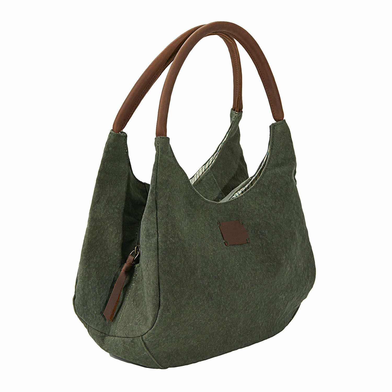 Bolso Lucie Bolso verde de tela con asas marrones de cuero sintético, bolso práctico para uso diario