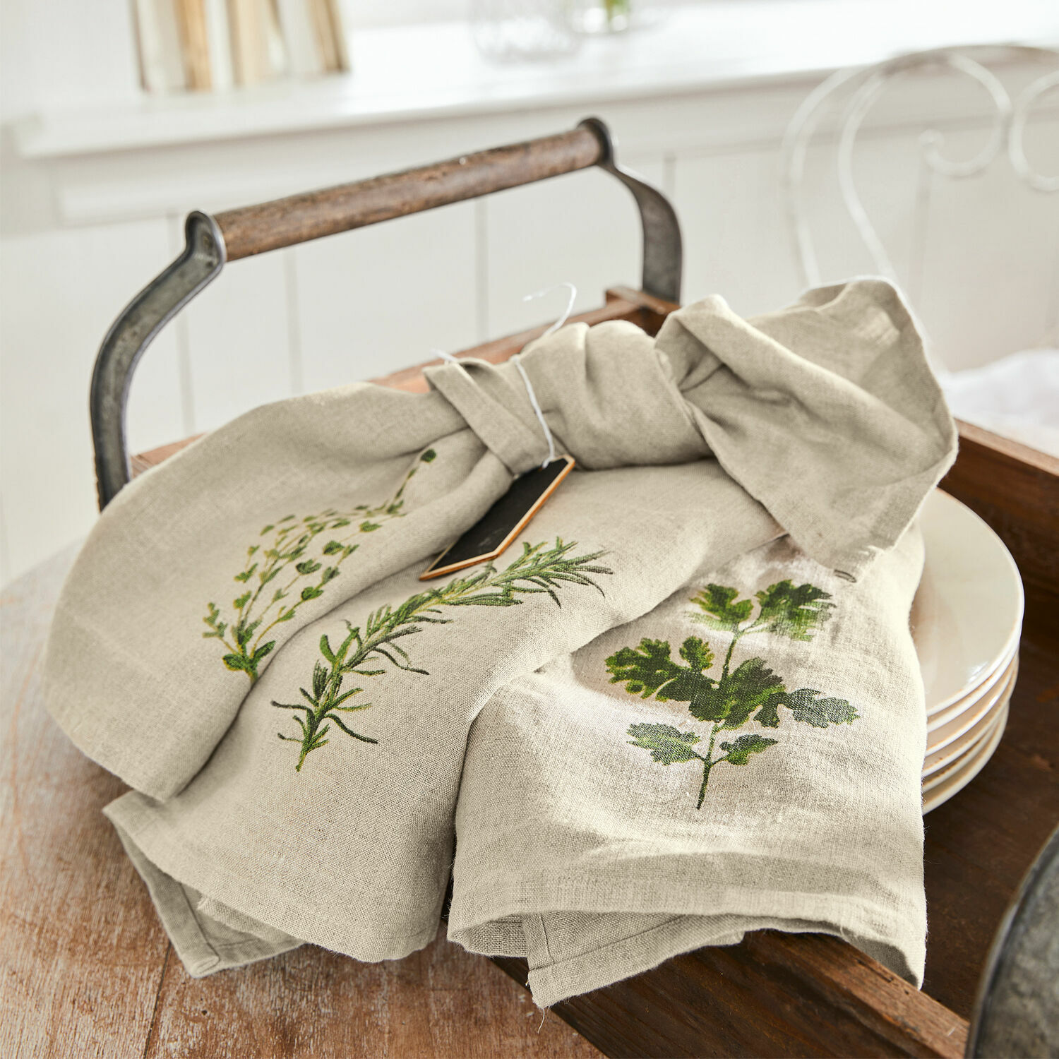 Set de 3 paños de cocina Herbal Gardens Paños de cocina de lino beige con estampados verdes de hierbas para decoración y uso diario