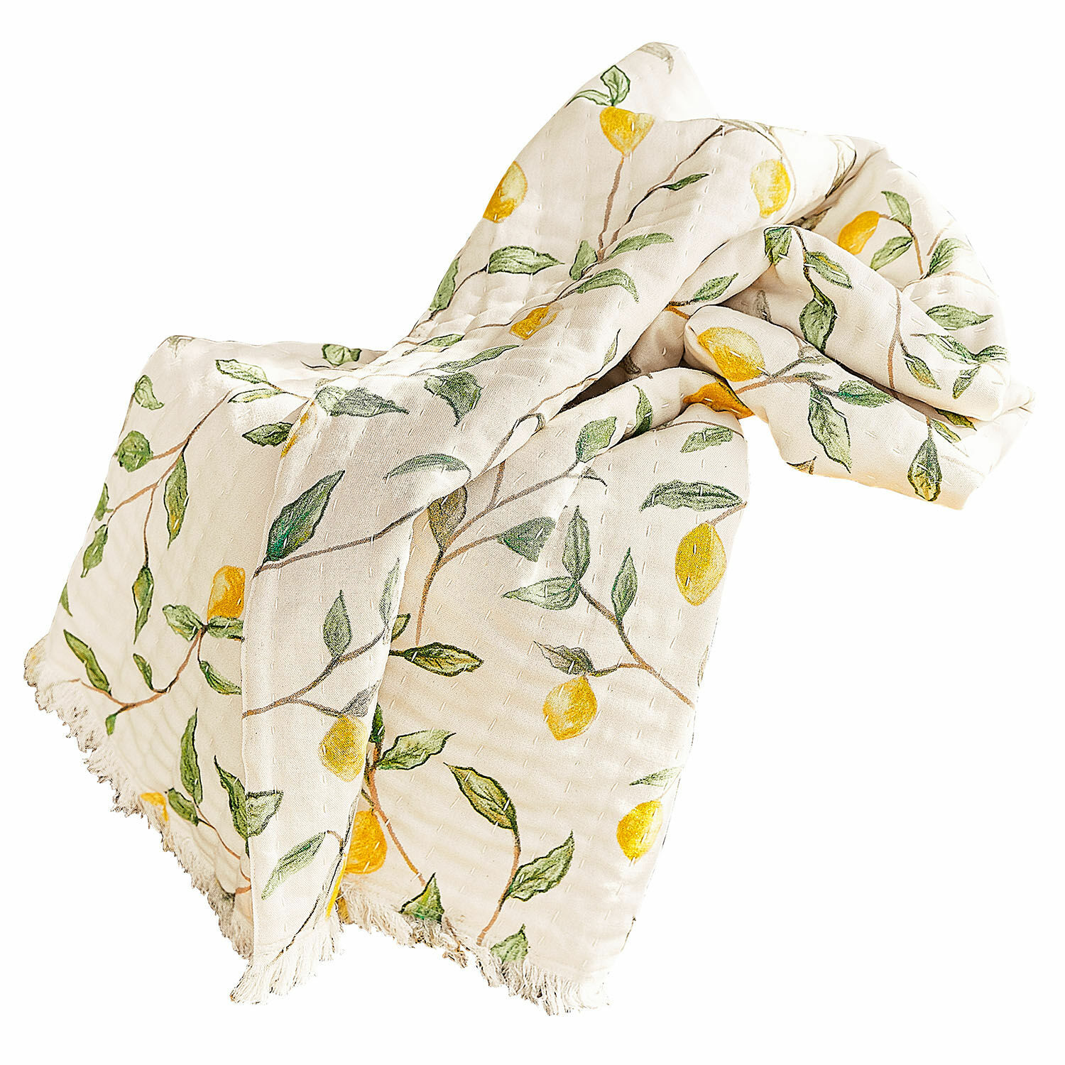 Plaid Palerina Manta de algodón crema con estampado de limones amarillos y hojas verdes, borde con flecos
