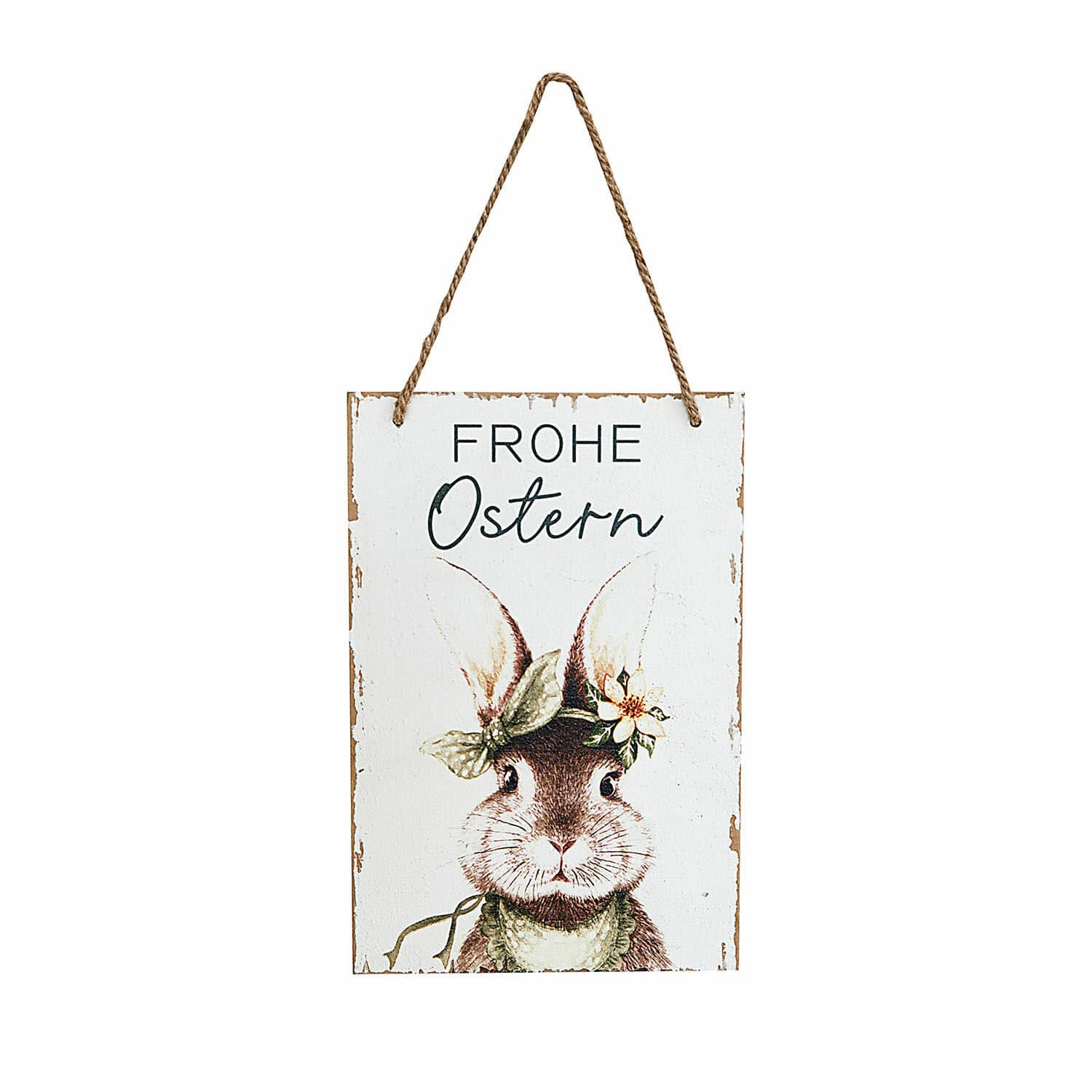Tablero Deco Yonne Decoración de madera para Pascua con texto Frohe Ostern y dibujo de conejo