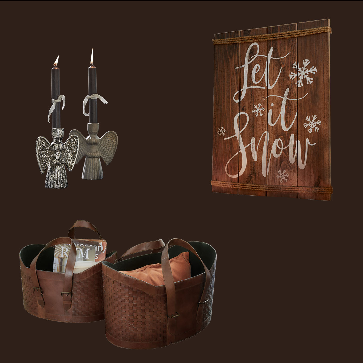 Conjunto de decoración navideña con candelabros de ángel de metal, cartel de madera Let it Snow y cestas de cuero marrón