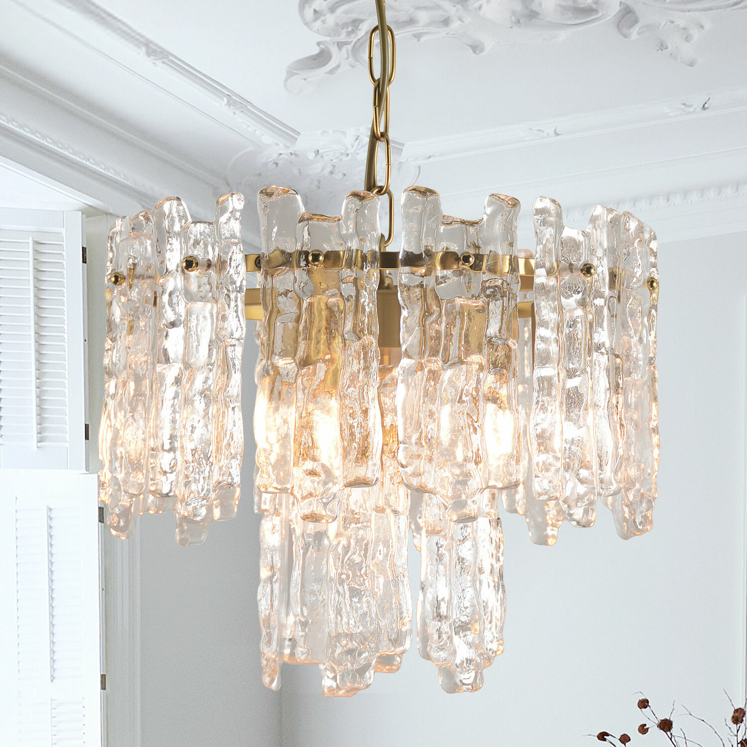 Lámpara colgante Lanziano Lámpara colgante de vidrio transparente y metal dorado, diseño moderno para salón
