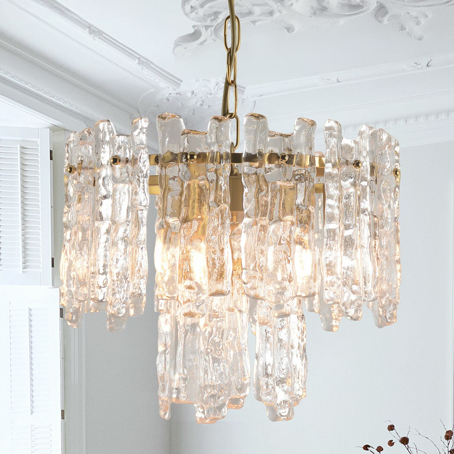 Lámpara colgante Lanziano Lámpara colgante de vidrio transparente y metal dorado, diseño moderno para salón