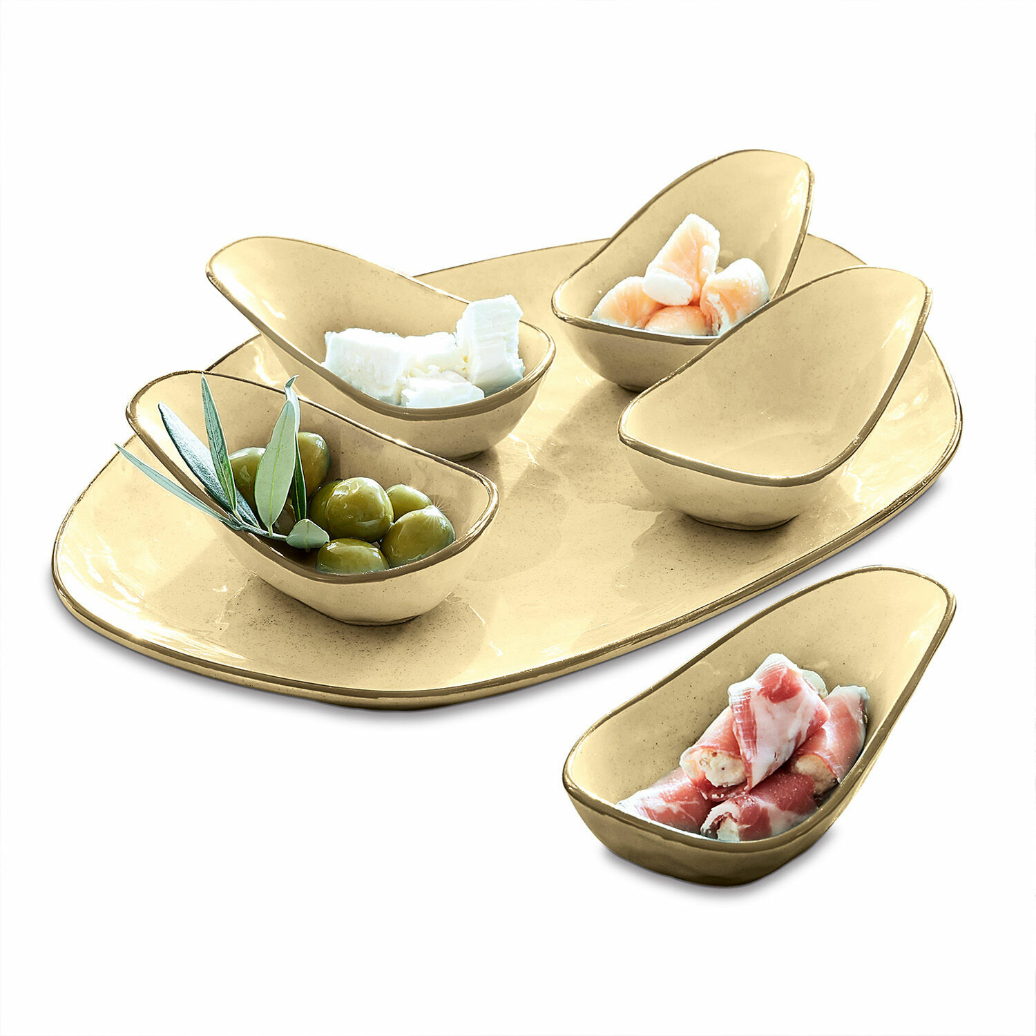 Set de 5 cuencos y plato de servir Biarré Juego de cuencos y bandeja de cerámica beige para servir aperitivos y aceitunas