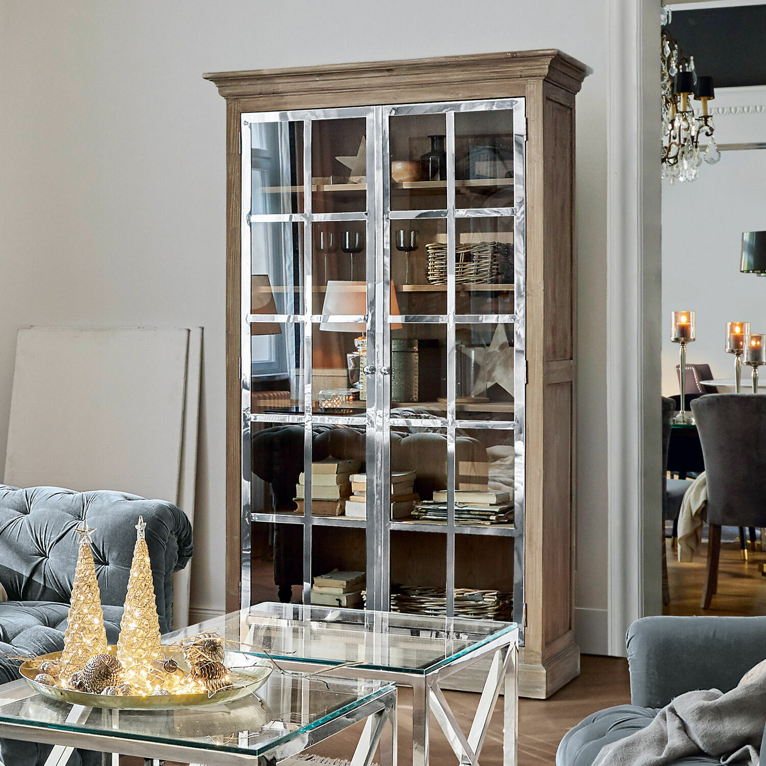Armario Keyport Vitrina de madera con puertas metálicas y estantes, mueble decorativo para salón estilo industrial