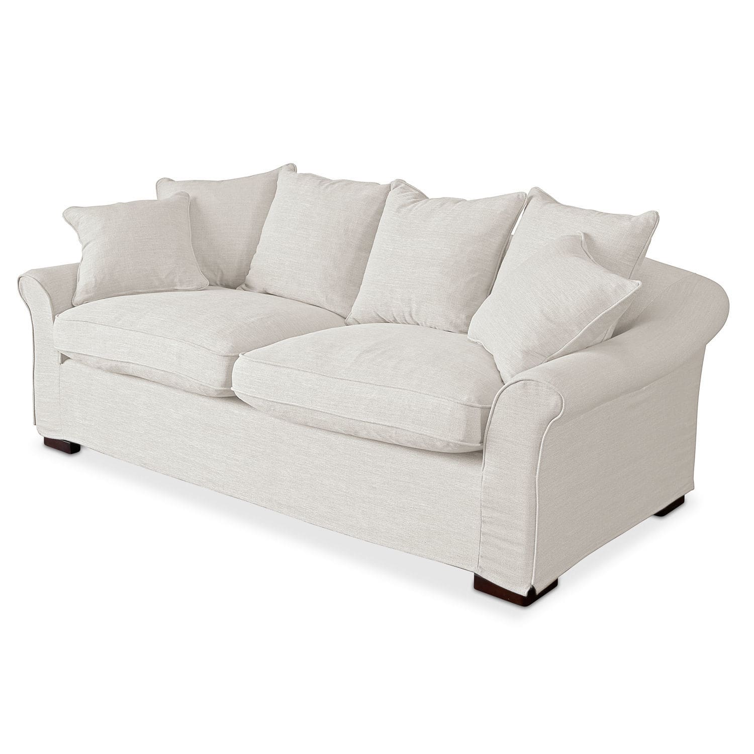 Sofá Long Beach Sofá beige de tela con cojines suaves y patas de madera oscura para sala de estar