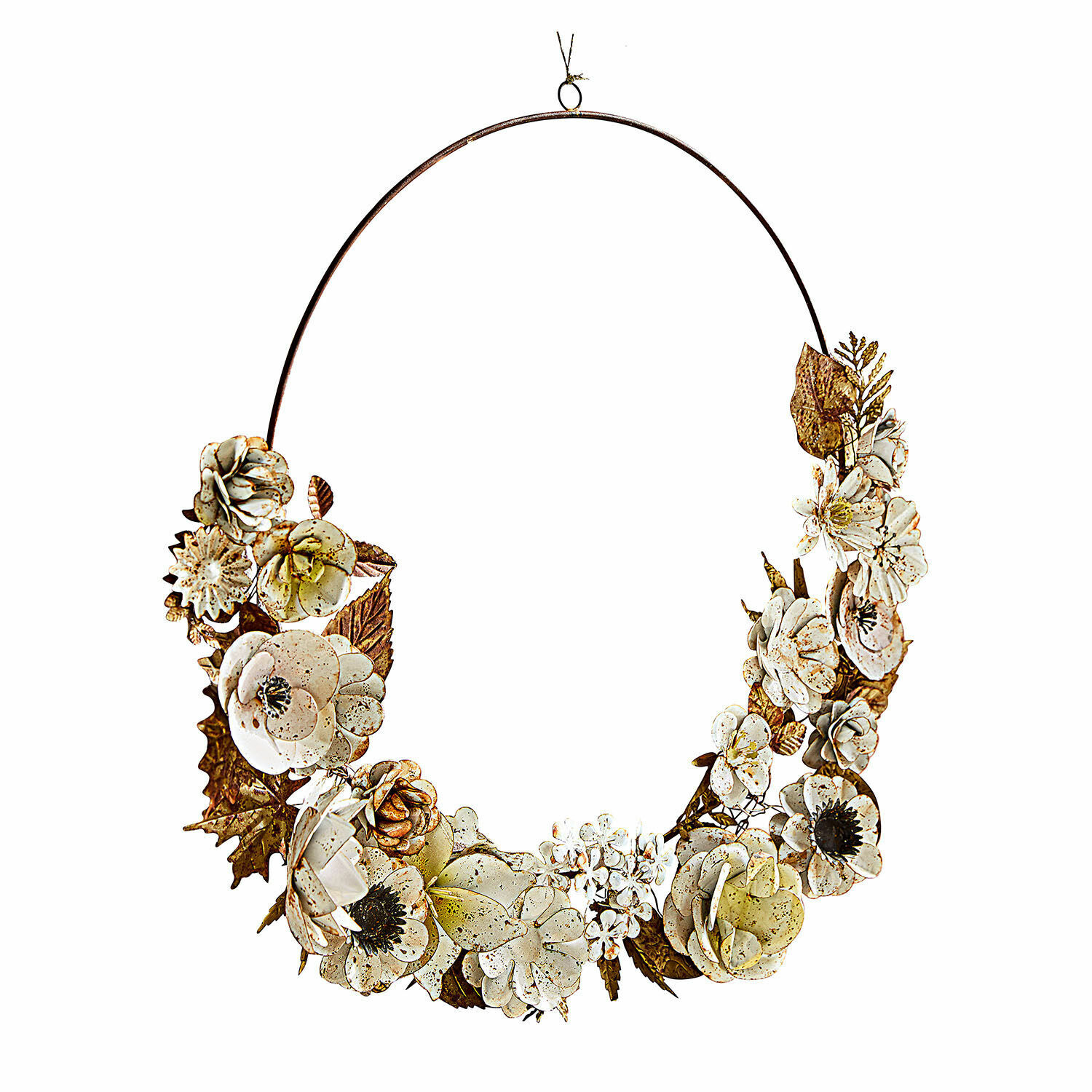 Corona Passanja Corona decorativa de metal con flores en tonos crema y marrón para colgar