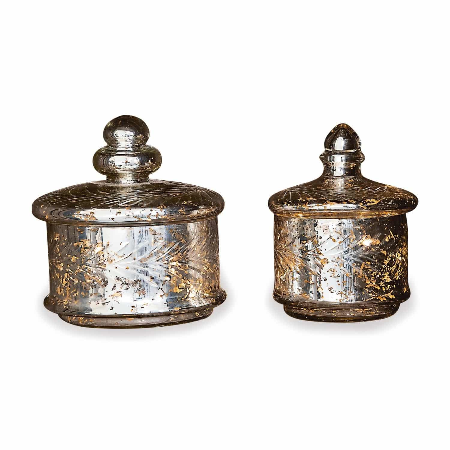 Set de 2 tarros de cristal Elexa Conjunto de dos frascos de vidrio con tapas, decoración plateada y dorada, decoración interior