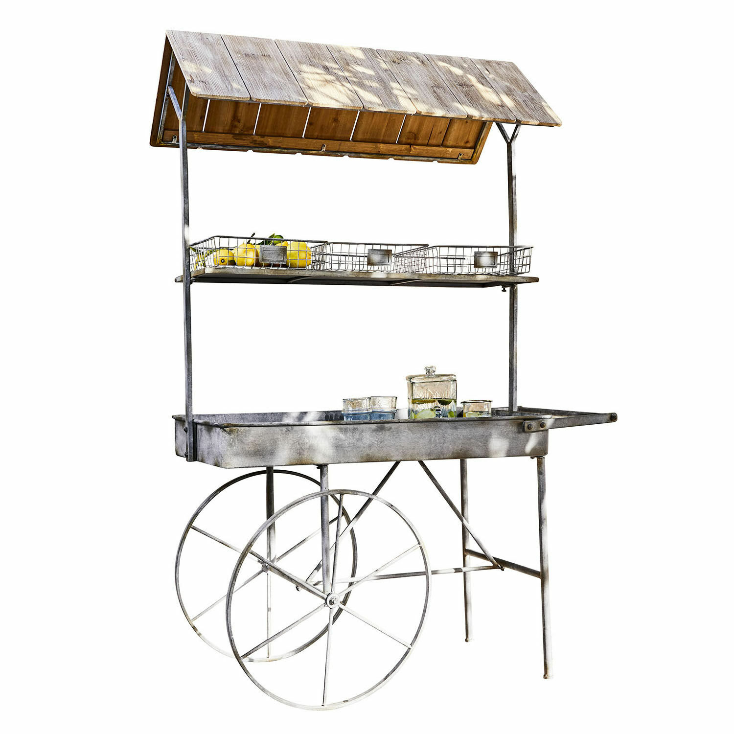 Mesa de jardinería Granby Carro de mercado metálico con techo de madera y estante para frutas estilo vintage