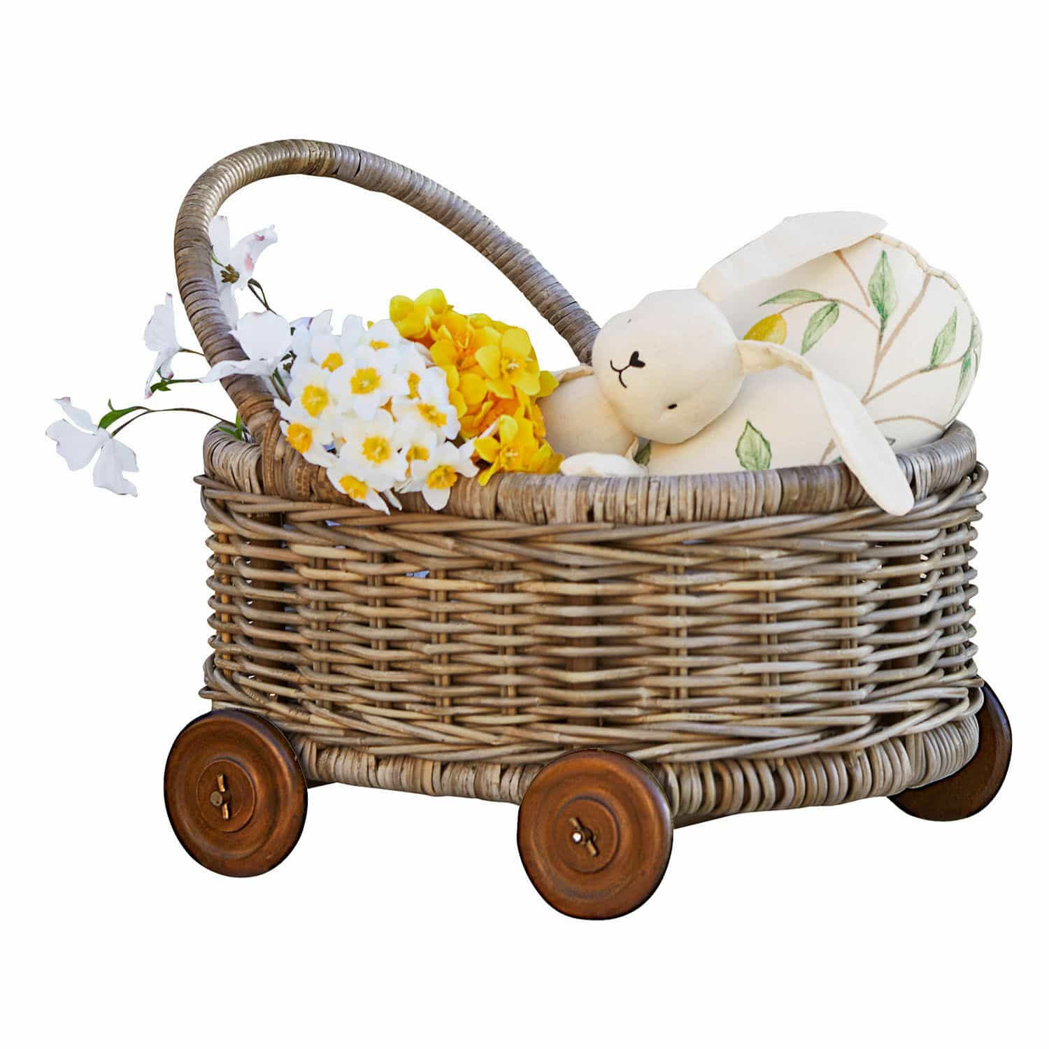 Carrito con ruedas Narivena Cesta de mimbre con ruedas con conejo de peluche y flores decorativas amarillas y blancas