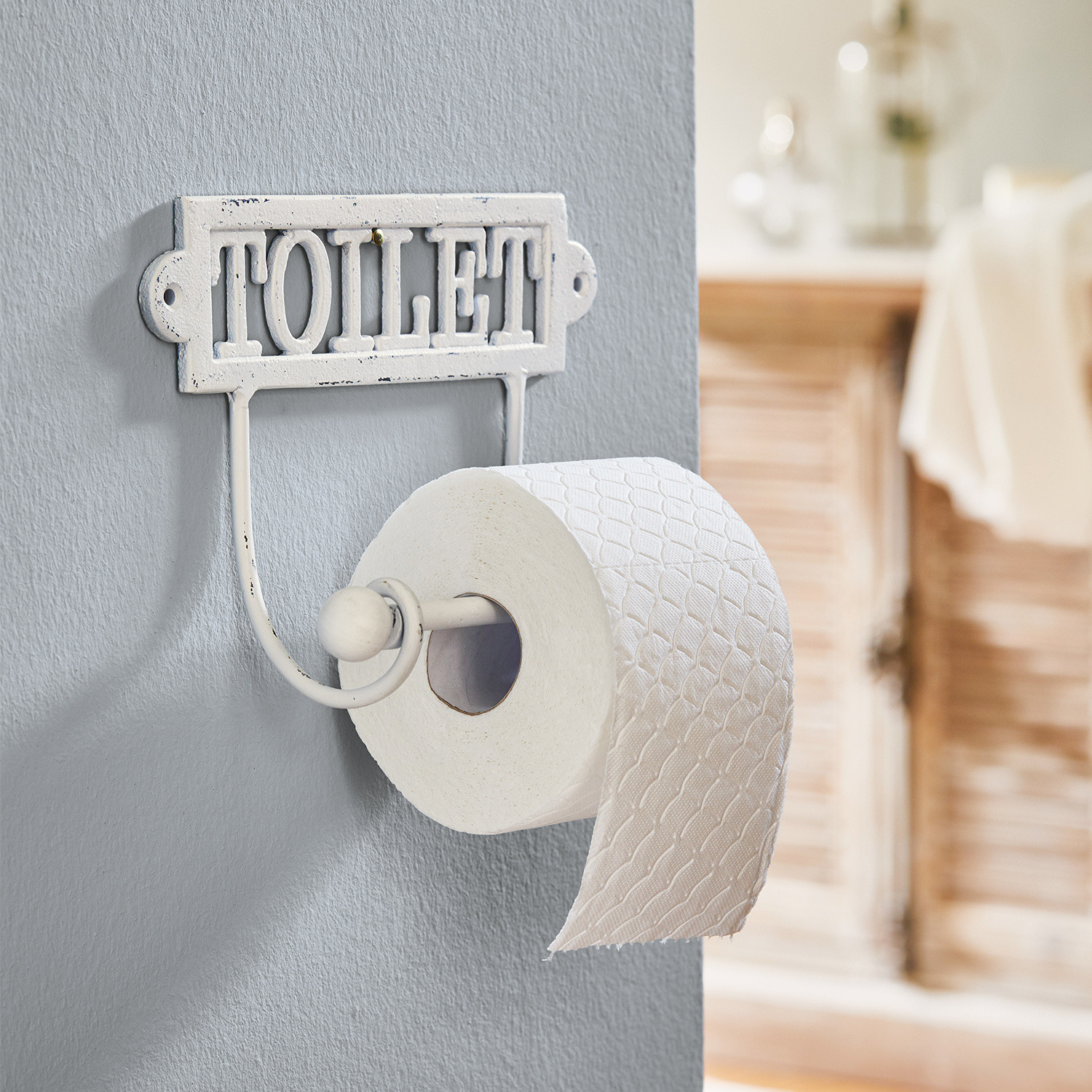 Soporte metálico blanco para papel higiénico con texto TOILET estilo vintage para baño