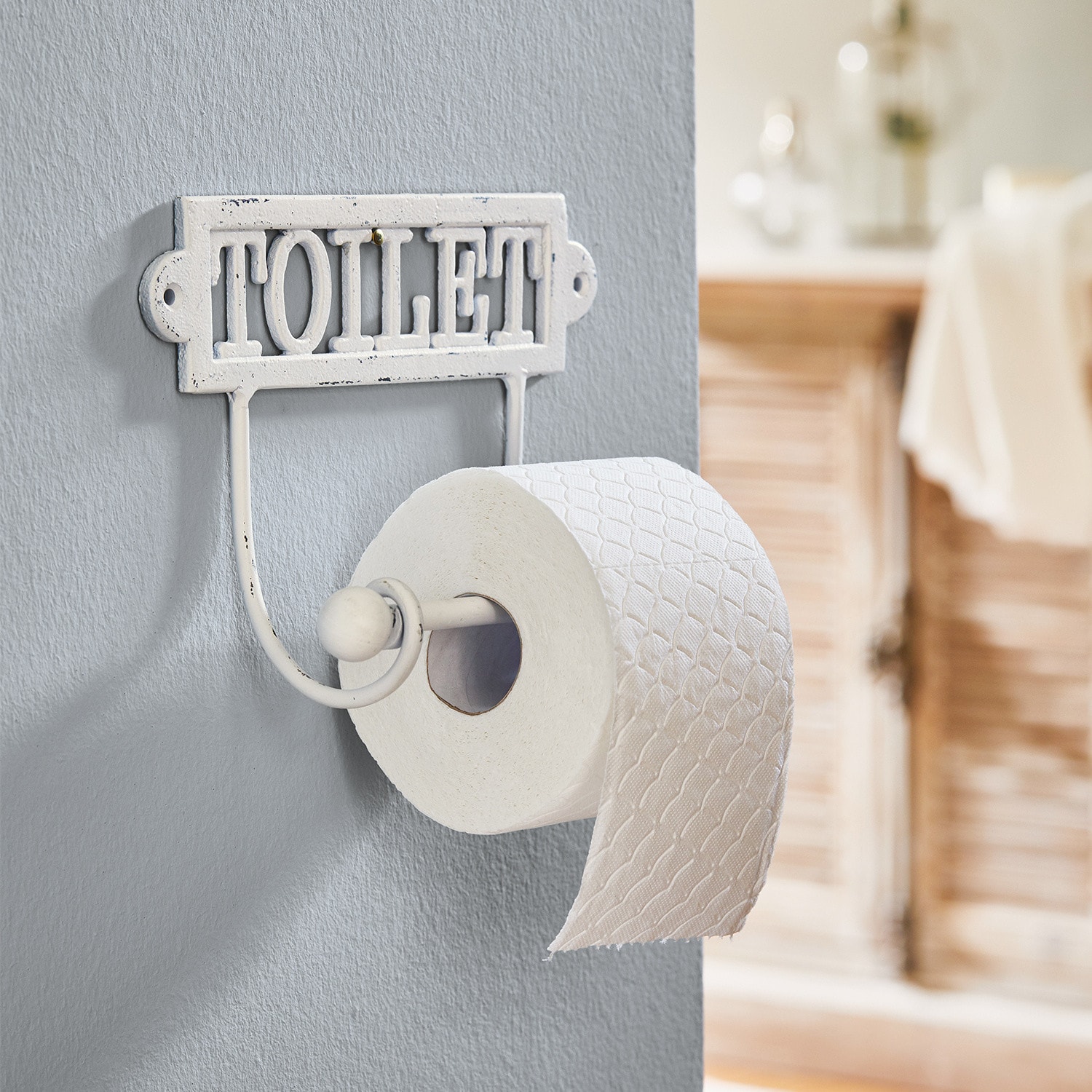 Portarrollos de papel higiénico Miramas Soporte metálico blanco para papel higiénico con texto TOILET estilo vintage para baño