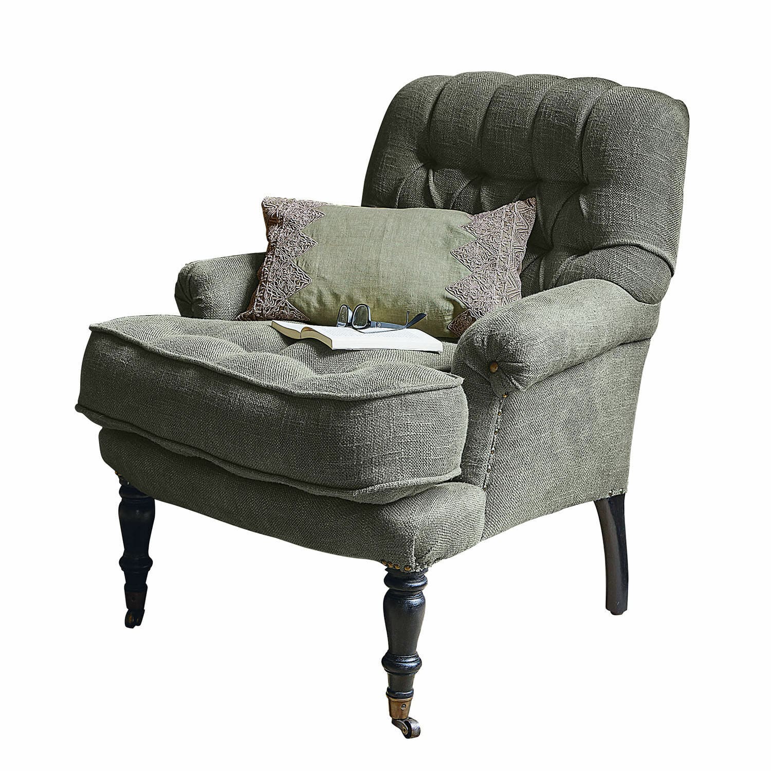 Sillón Gyldford Sillón tapizado gris con cojín decorativo y patas de madera con ruedas, asiento cómodo