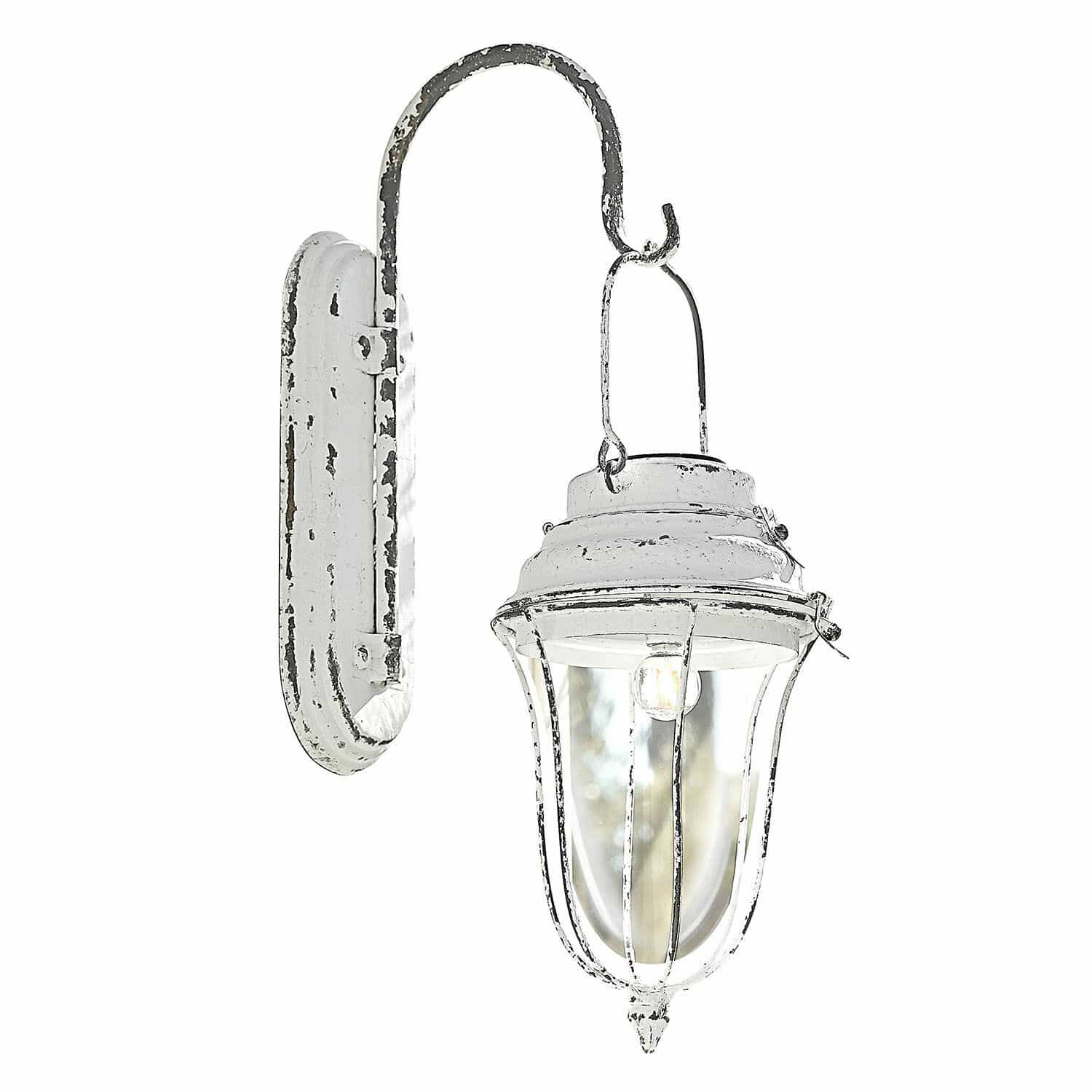 Farolillo solar Galexor Lámpara de pared blanca de metal estilo vintage con pantalla transparente y bombilla LED