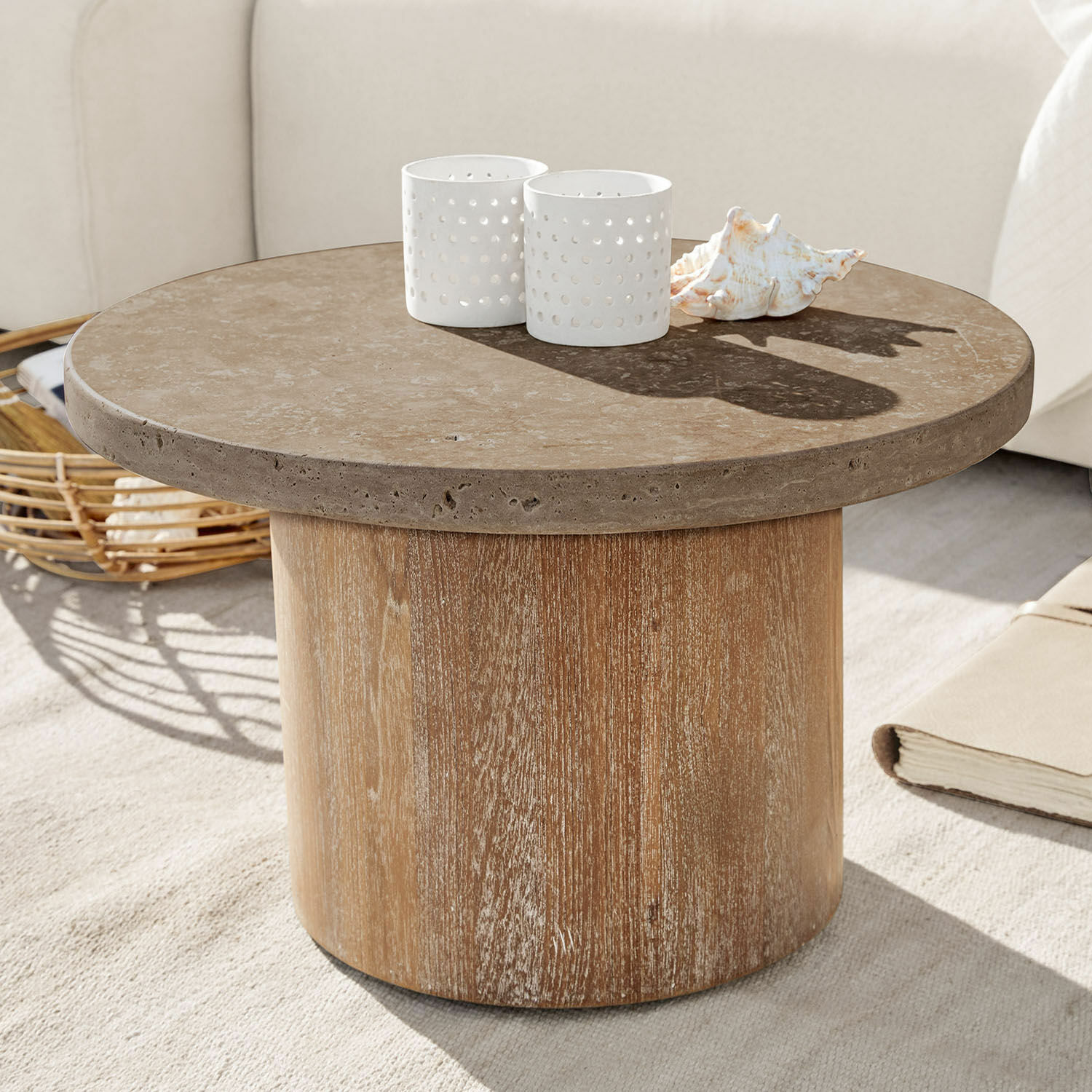 Mesa de centro Clearwater Mesa de centro redonda con superficie de piedra marrón y base de madera clara para sala