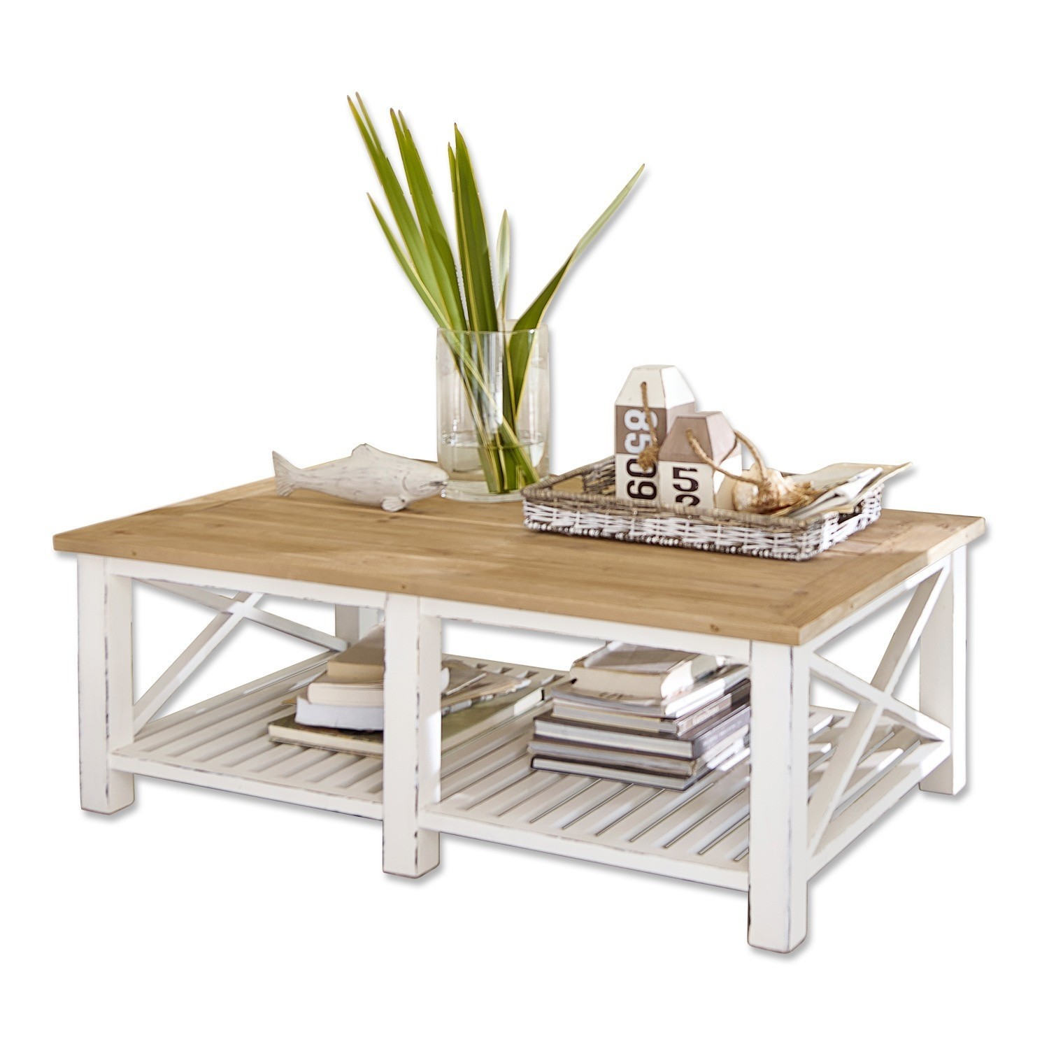 Mesa de centro Medfield Mesa de centro de madera con estructura blanca y estante, decorada con planta y cesta