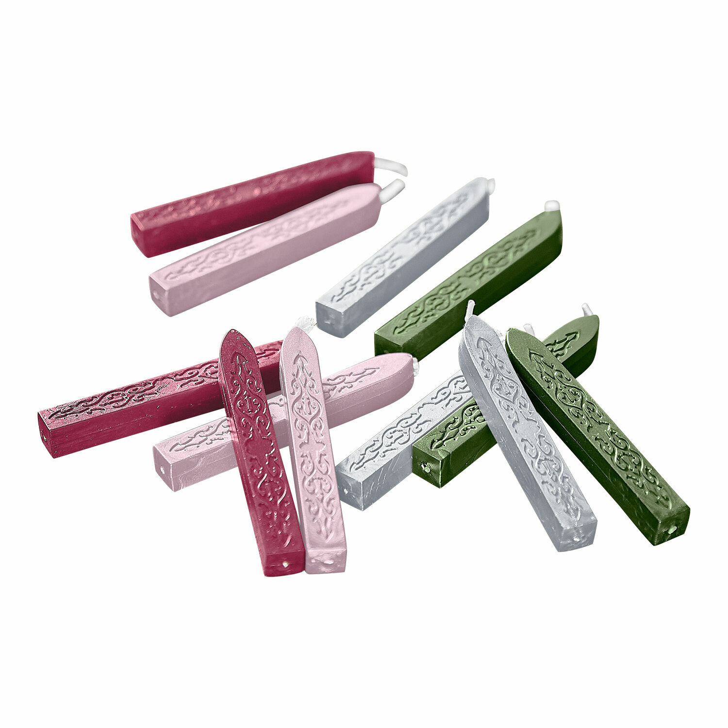 Set de 12 barras de cera de sellos de colores con diseño decorativo, ideal para manualidades y decoración