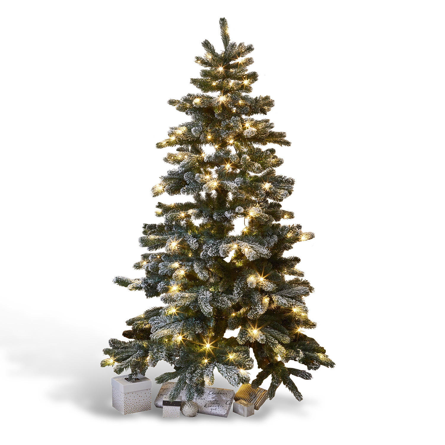 Árbol de Navidad Mannier Árbol de Navidad artificial con ramas nevadas y luces LED cálidas, regalos en la base