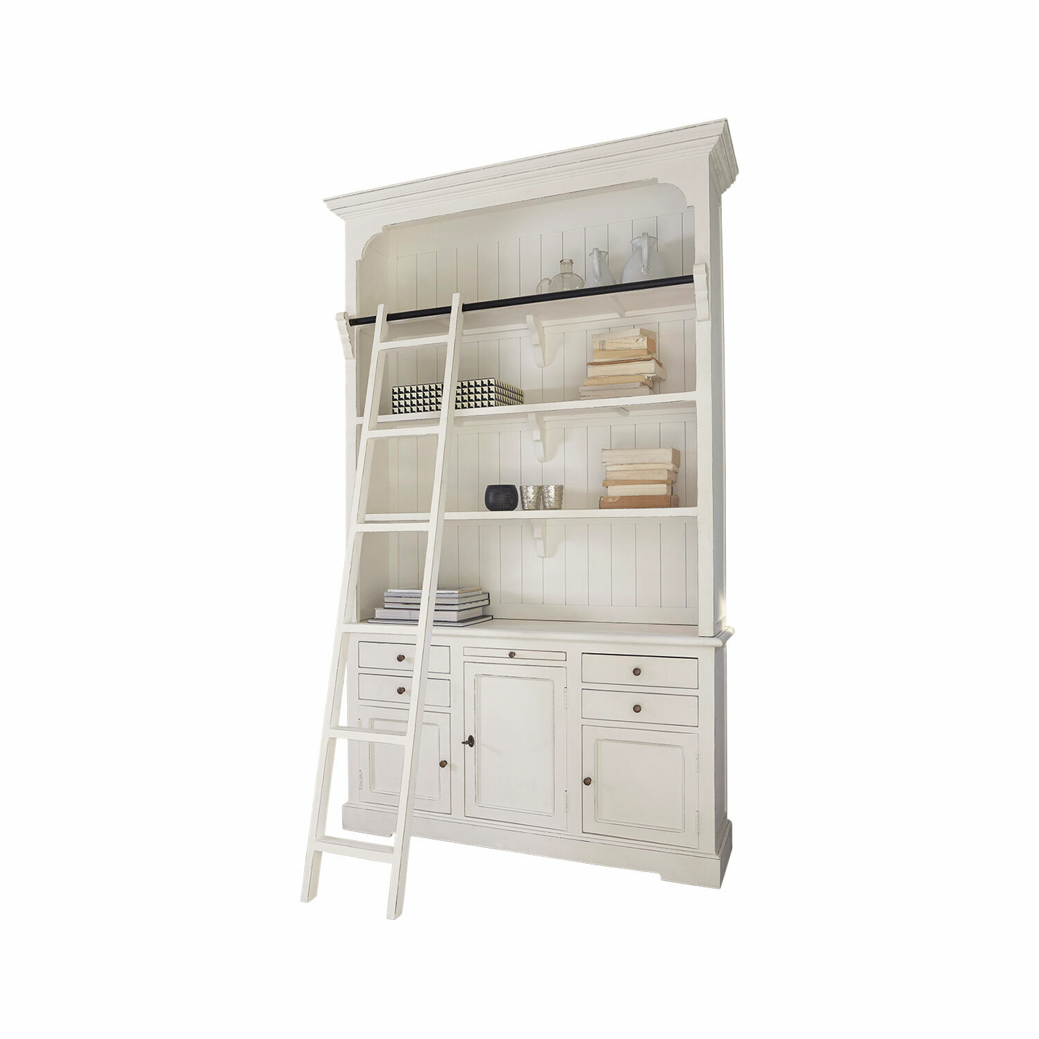 Armario Monts Librería blanca de madera con escalera y estantes para libros y decoración de salón