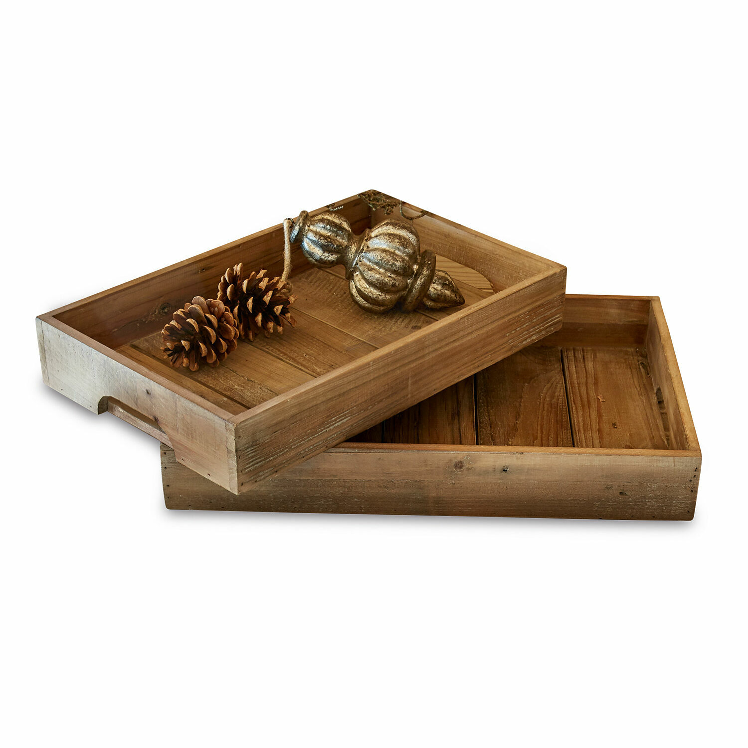 Set de 2 bandejas Kerbella Bandejas de madera natural con decoraciones de piñas y adorno dorado rústico