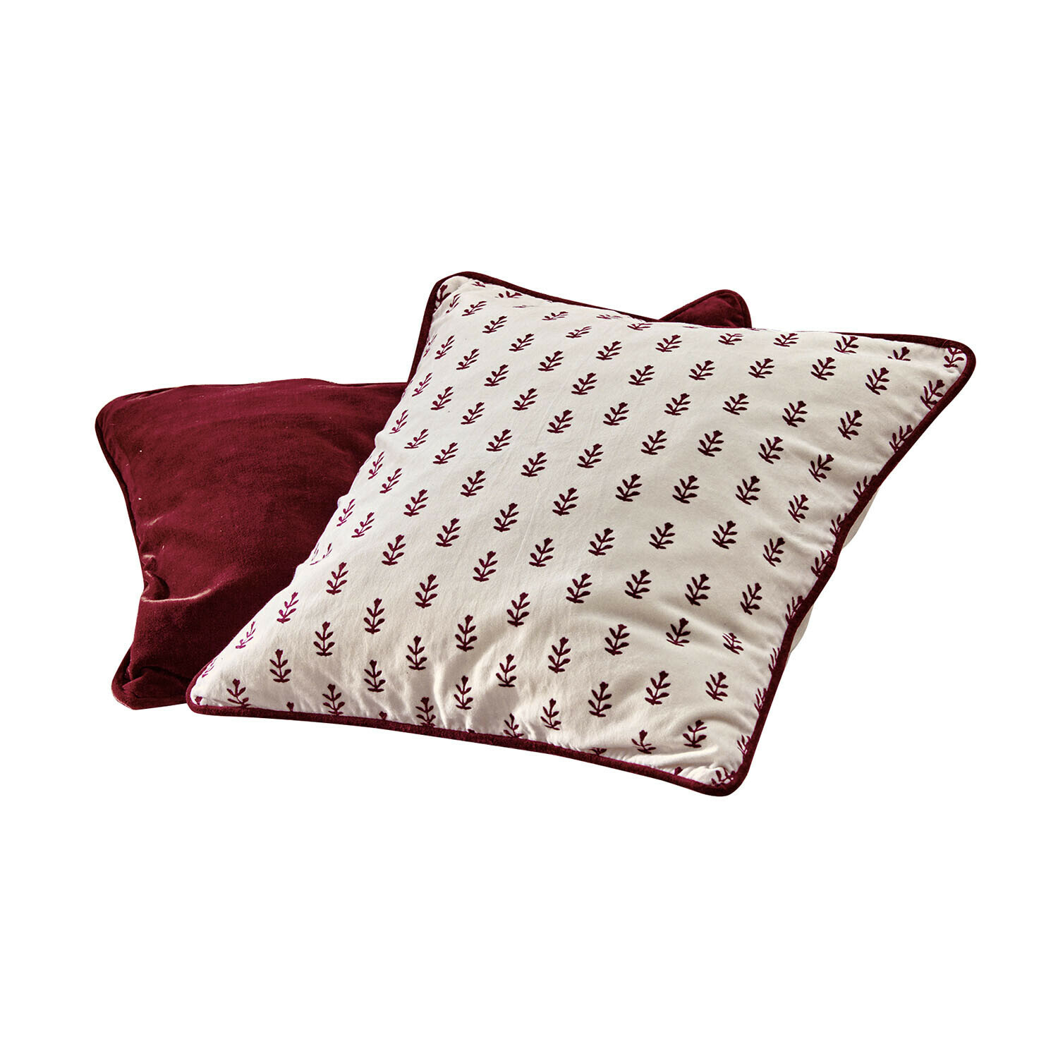 Set de 2 fundas de cojín Eilira Conjunto de dos cojines decorativos de algodón burdeos con diseño de hojas para sala