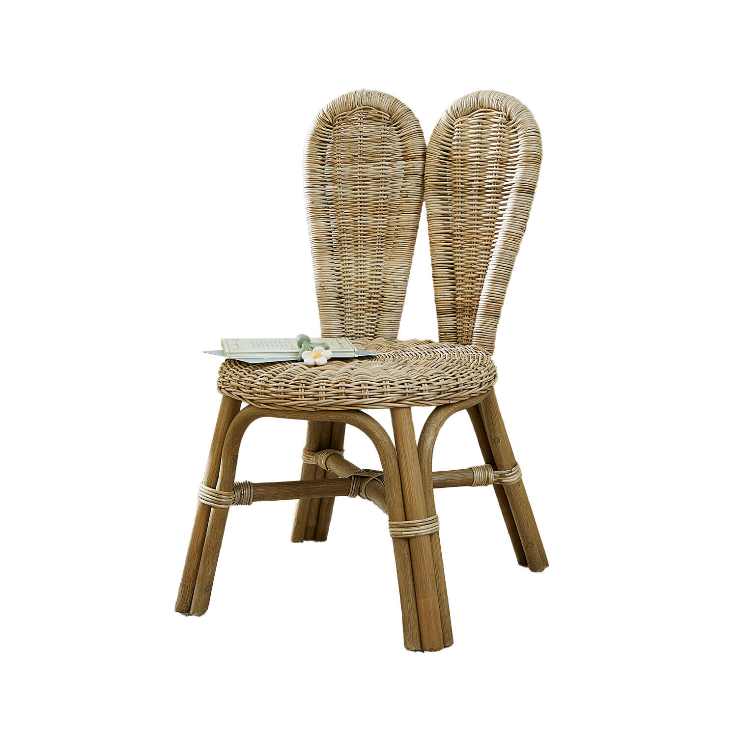 Silla infantil Papillonette Silla de ratán color natural con respaldo doble y estructura de madera, mueble decorativo para salón