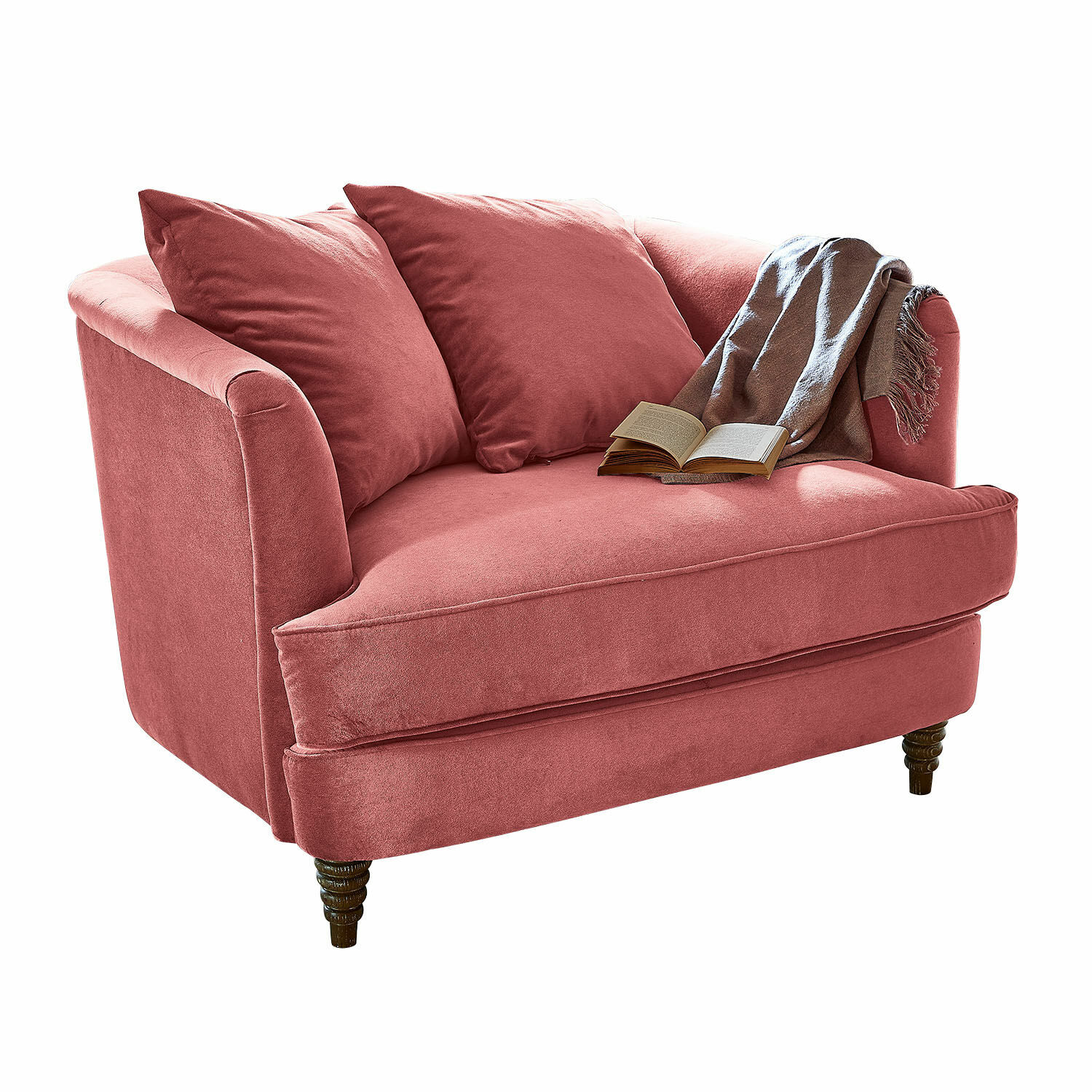 Sofá rosa de tela suave con cojines y manta gris marrón, mueble cómodo para sala de estar