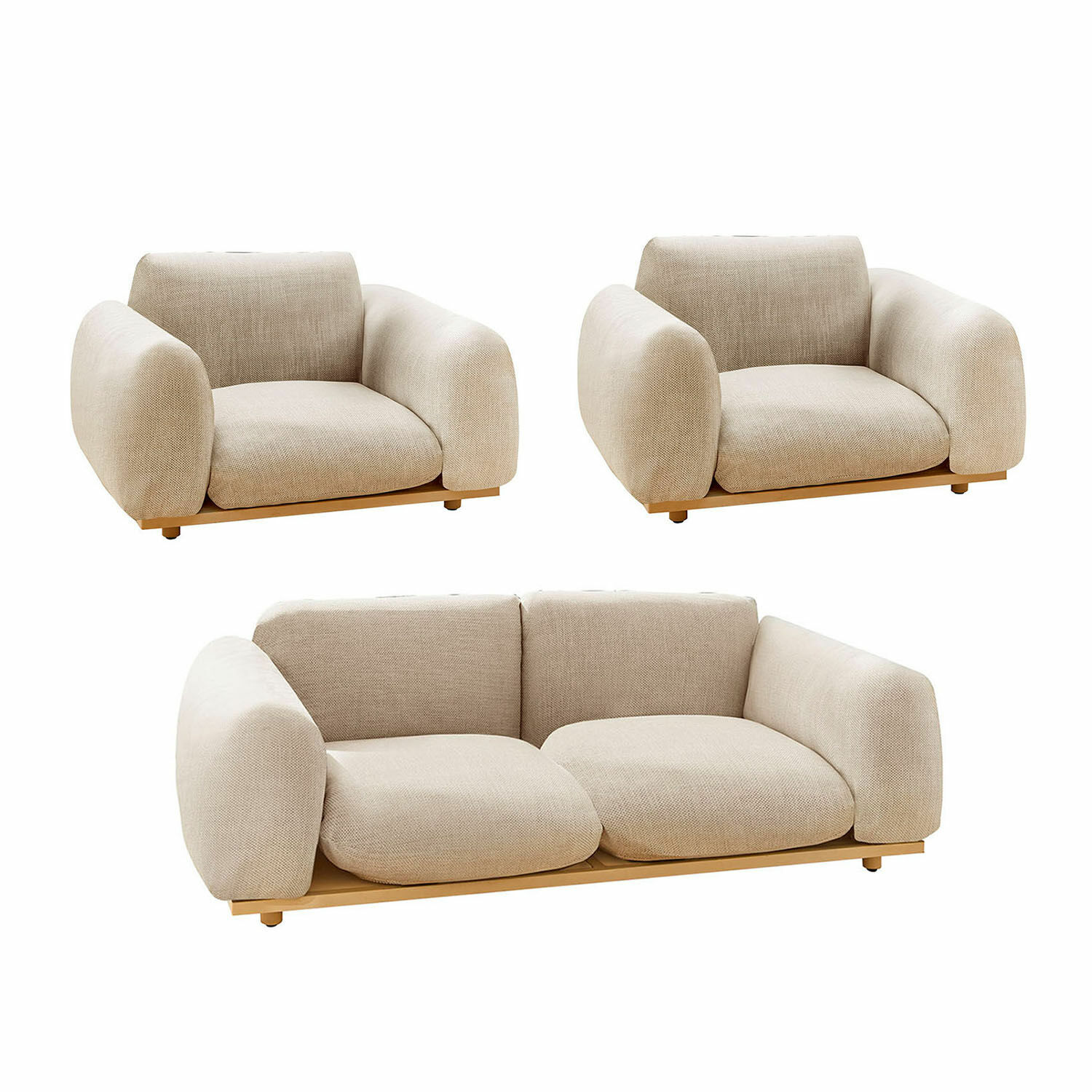 Grupo de asientos Savinard Conjunto de sofá y sillones beige de tela con base de madera, muebles modernos y cómodos