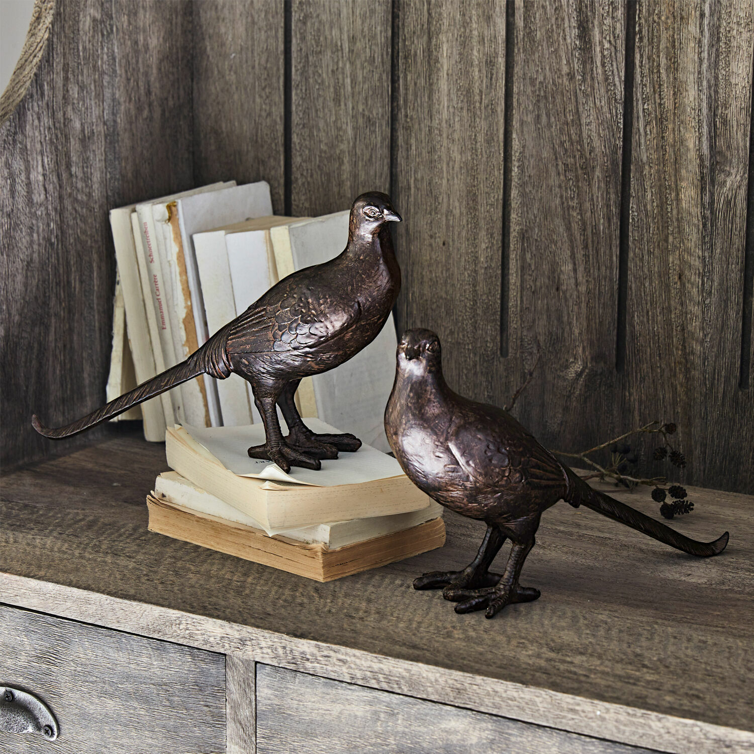 Set de 2 pájaros decorativos Roddy Figuras decorativas de pájaros de metal marrón sobre estante de madera con libros