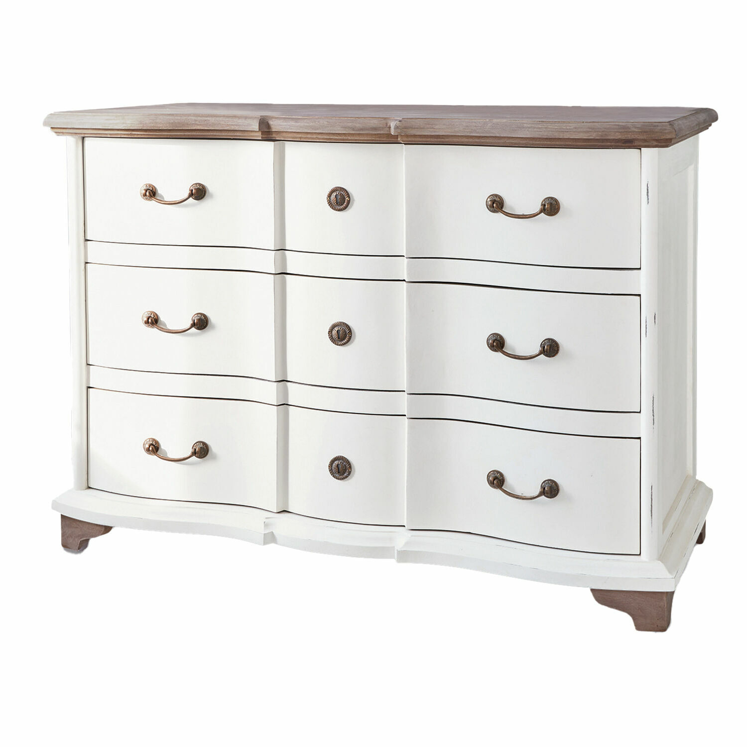 Cómoda crema Aiguillon de madera con seis cajones y tiradores metálicos para almacenamiento