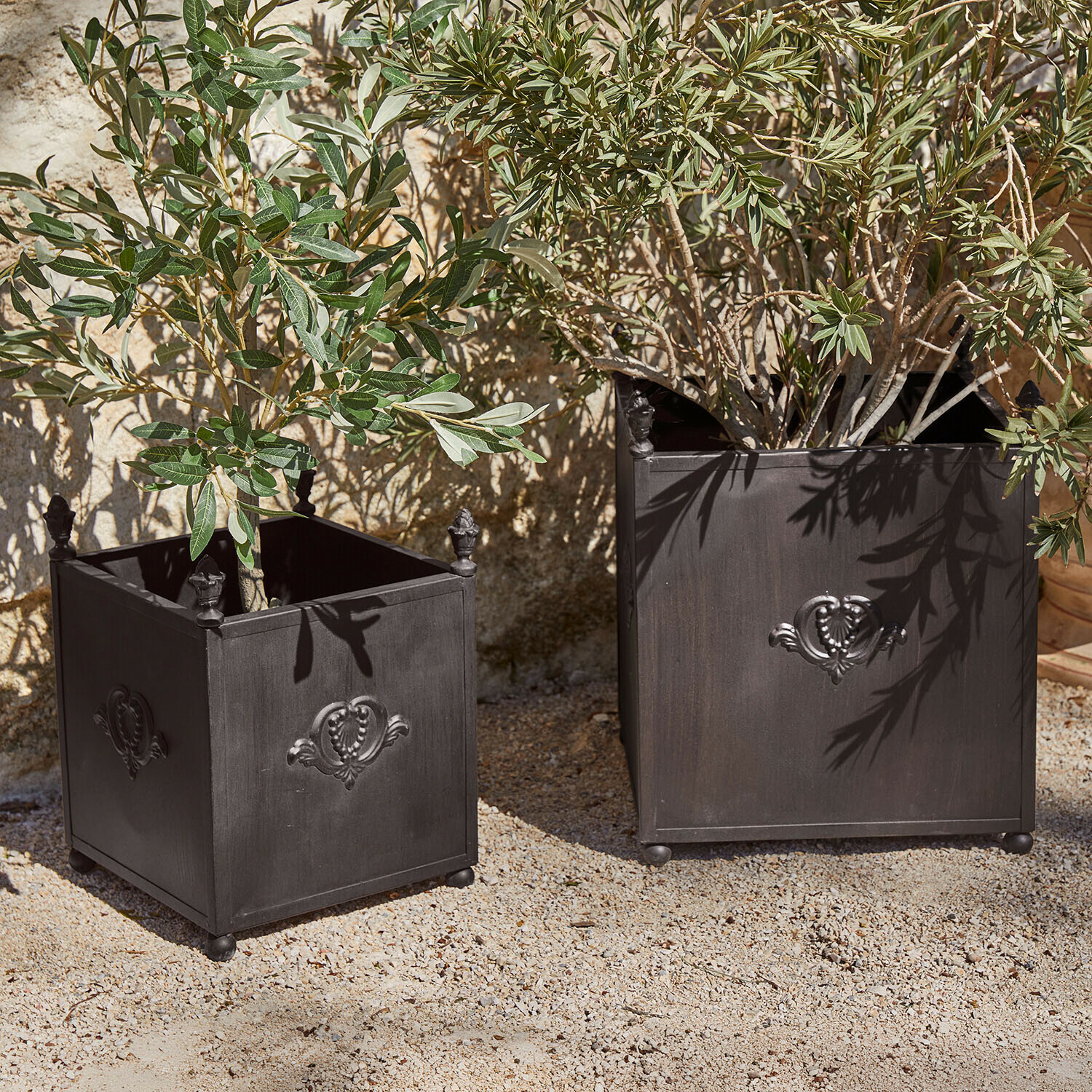 Set de 2 maceteros Ardevino Dos maceteros cuadrados de metal negro con diseño decorativo y plantas verdes en exterior