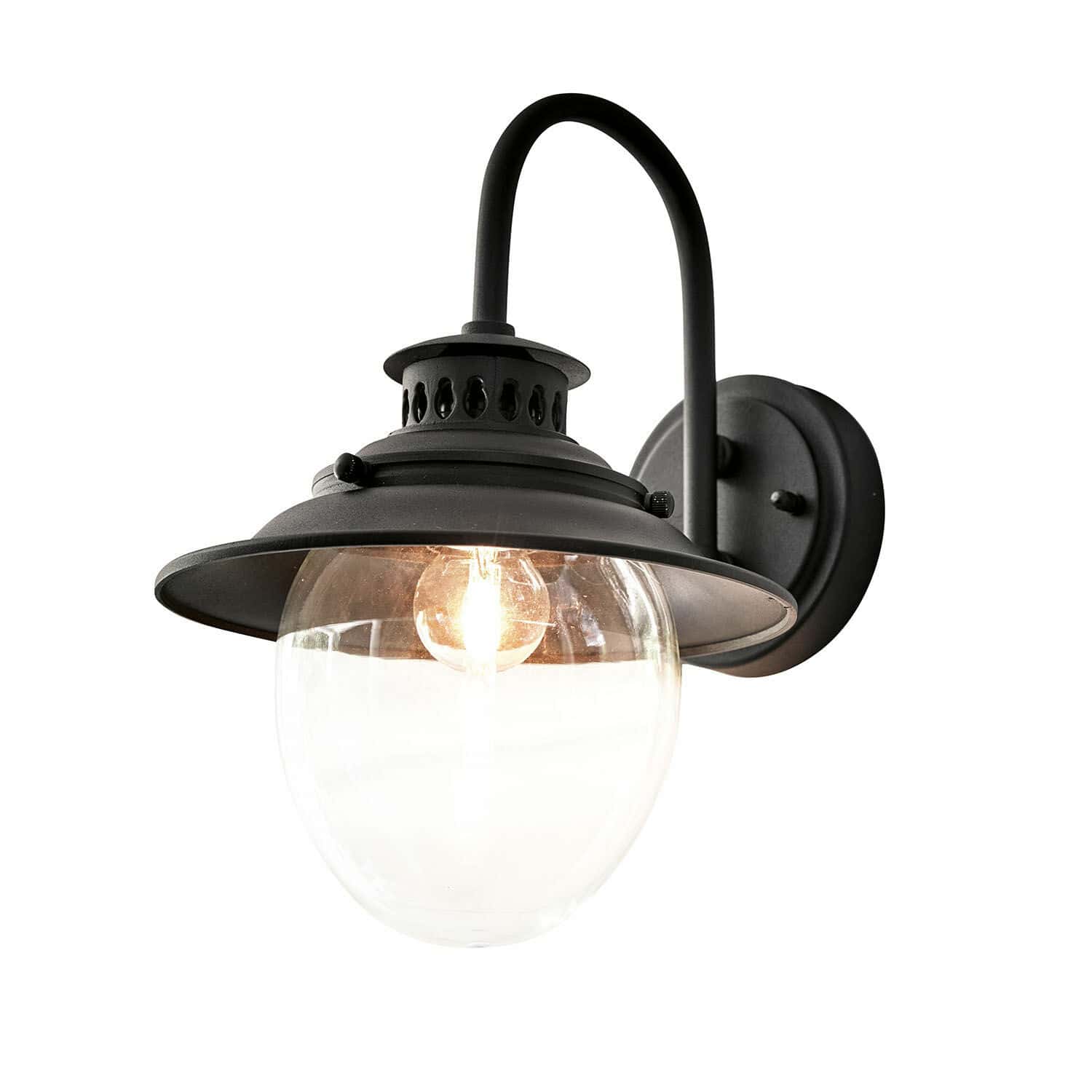 Aplique de exterior Norman Aplique de pared negro de metal con globo de vidrio transparente y bombilla, iluminación interior