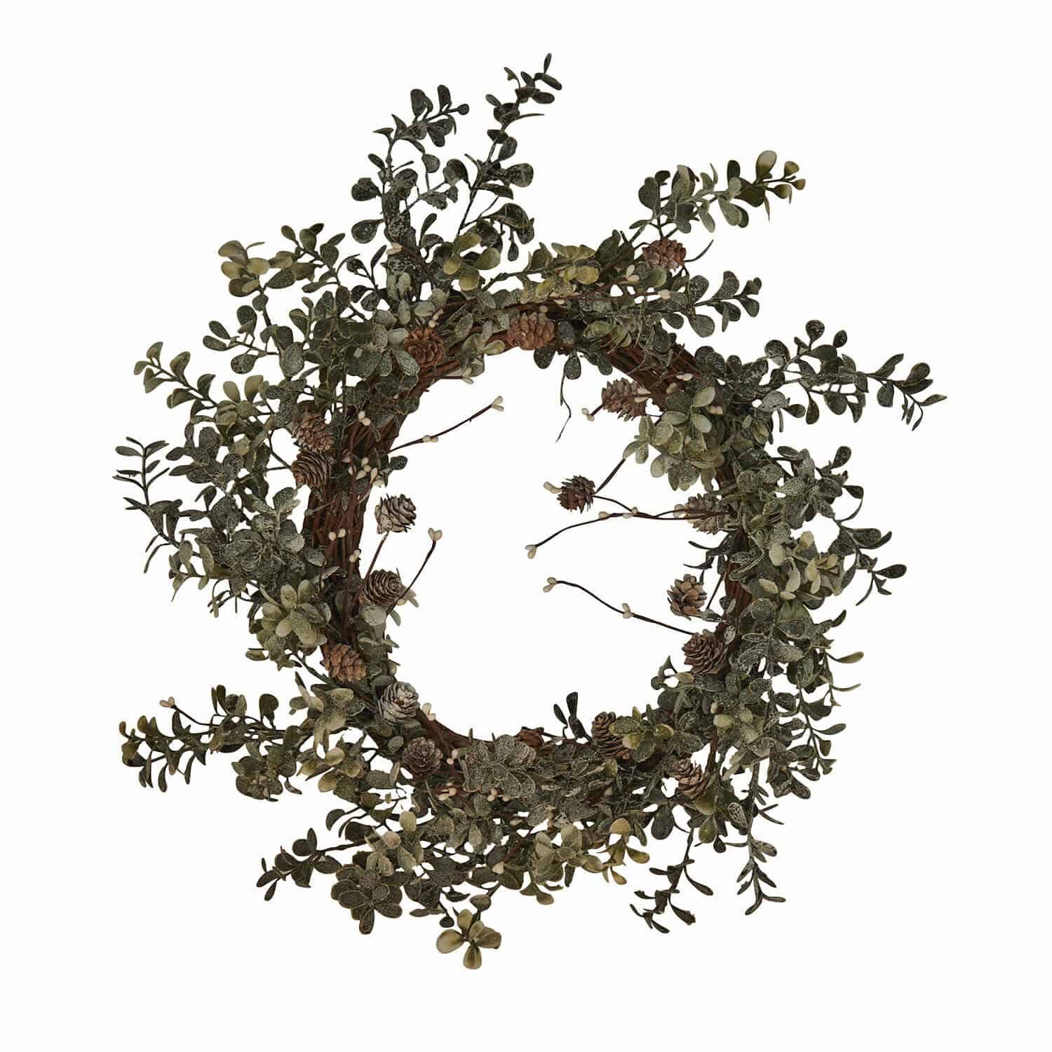 Corona Veloume Corona decorativa con hojas verdes y piñas sobre base natural de ramas