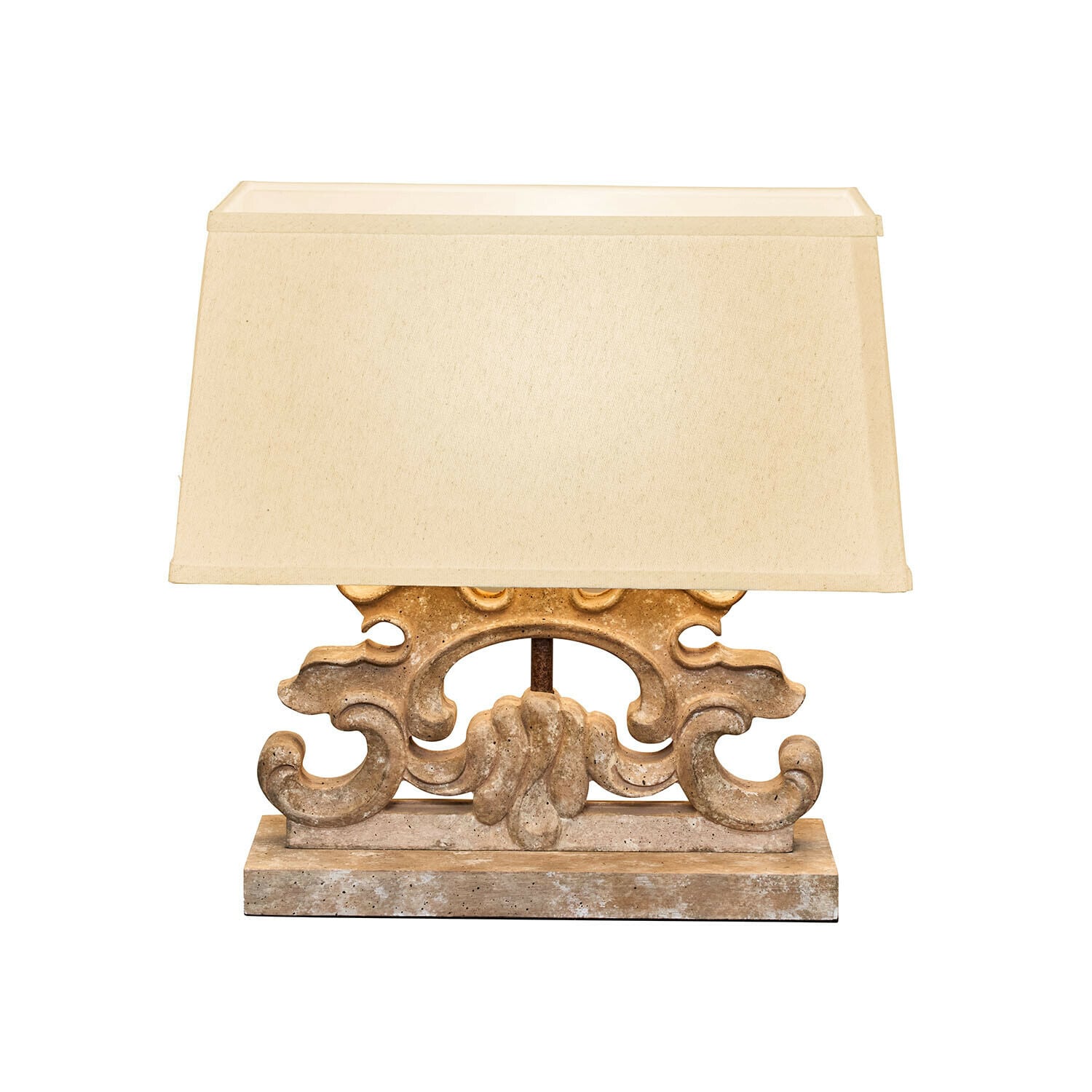 Lámpara de mesa Portenza Lámpara de mesa con pantalla beige y base decorativa de piedra estilo vintage