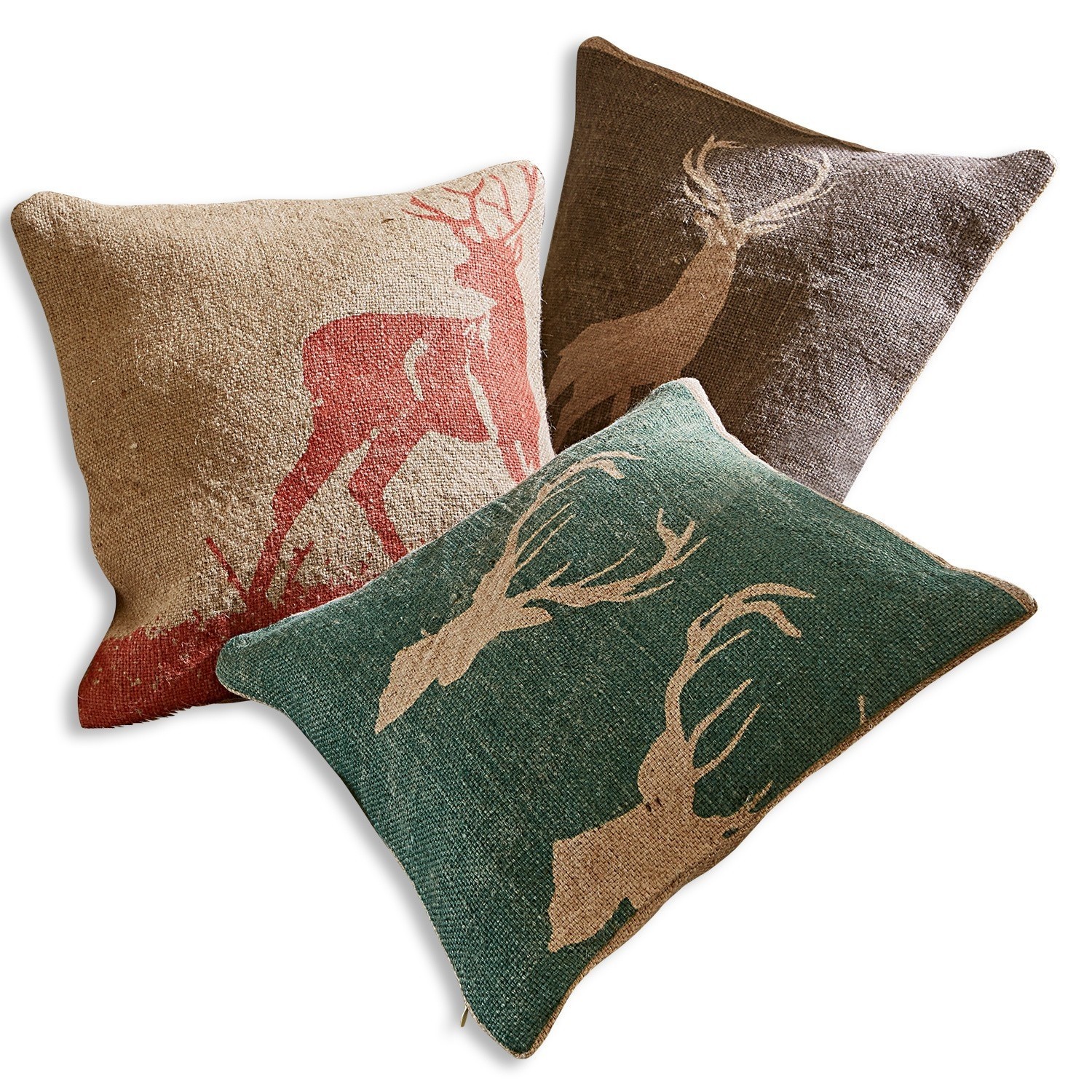 Set de 3 fundas de cojín Shrewton Conjunto de tres cojines decorativos de yute con motivo de ciervo en colores naturales para salón