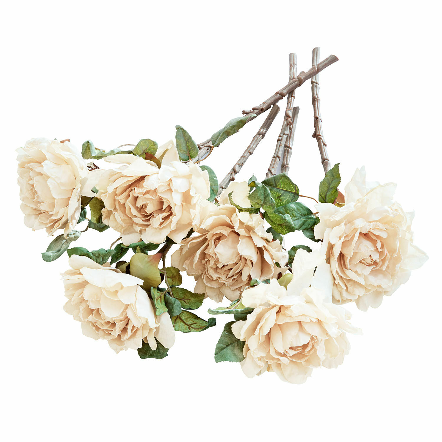 Set de 6 flores decorativas Mervix Ramo de rosas artificiales crema con hojas verdes y tallos marrones para decoración interior