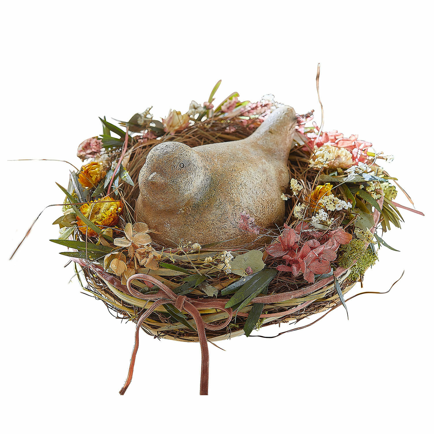 Nido Bravilex Pájaro decorativo de piedra en nido con flores secas para decoración natural de primavera