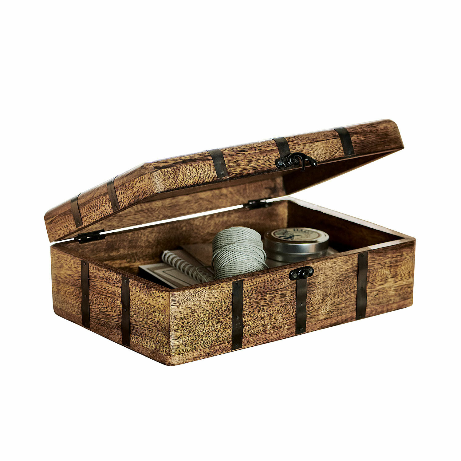 Caja decorativa Dennis Port Caja de madera marrón con herrajes metálicos, ideal para guardar objetos pequeños