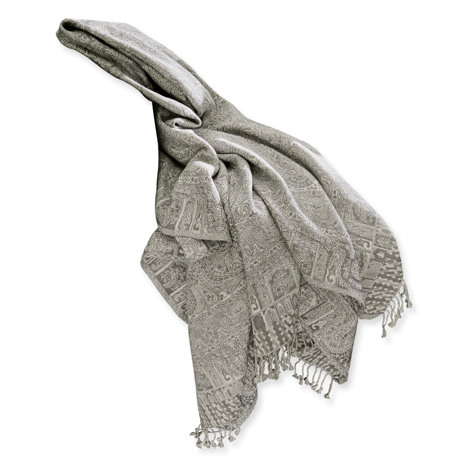 gris Manta gris con patrón delicado y flecos, tejido suave para decoración y confort en el hogar.