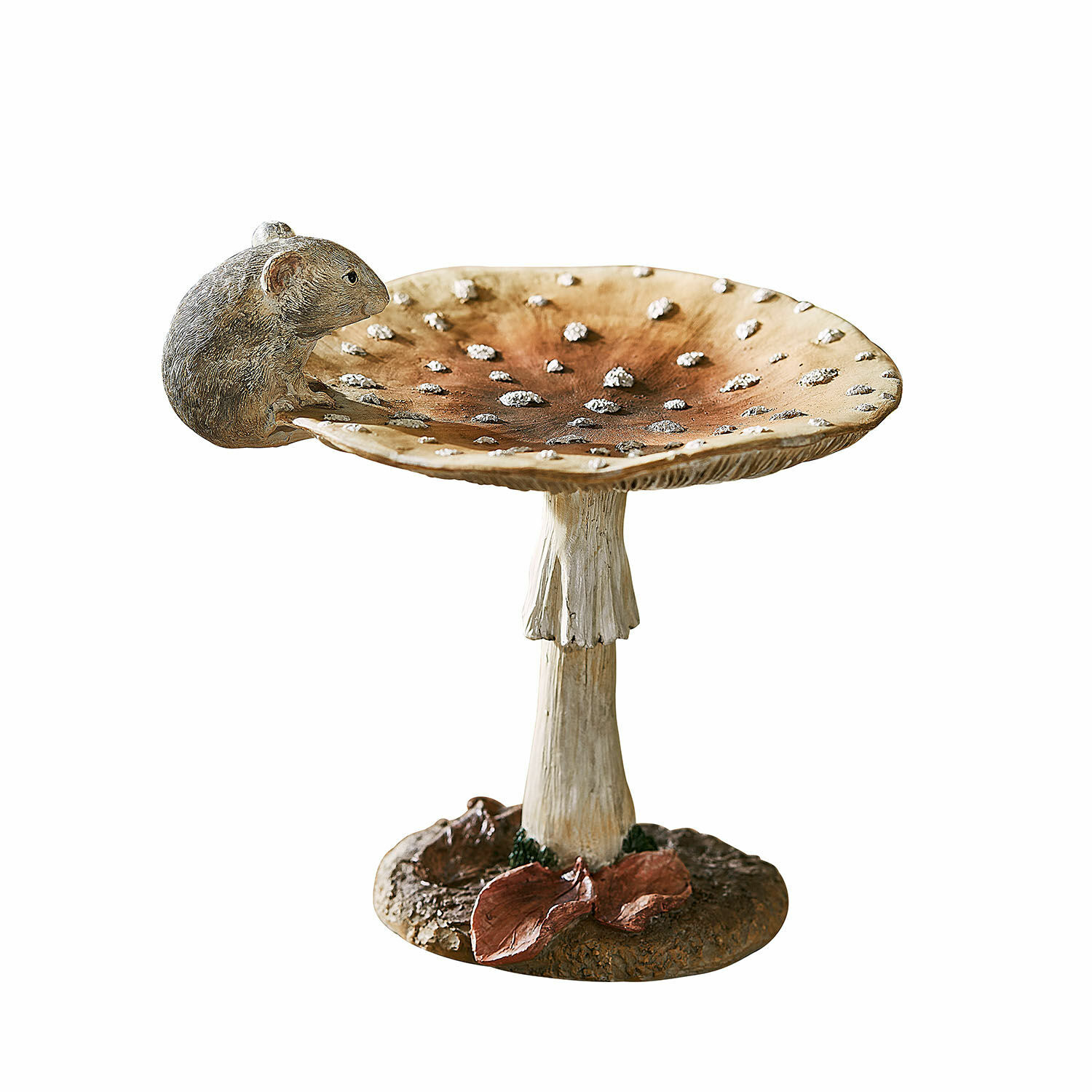 Seta decorativa Isolise Cuenco decorativo en forma de hongo con hojas marrones y ratón gris de resina para jardín