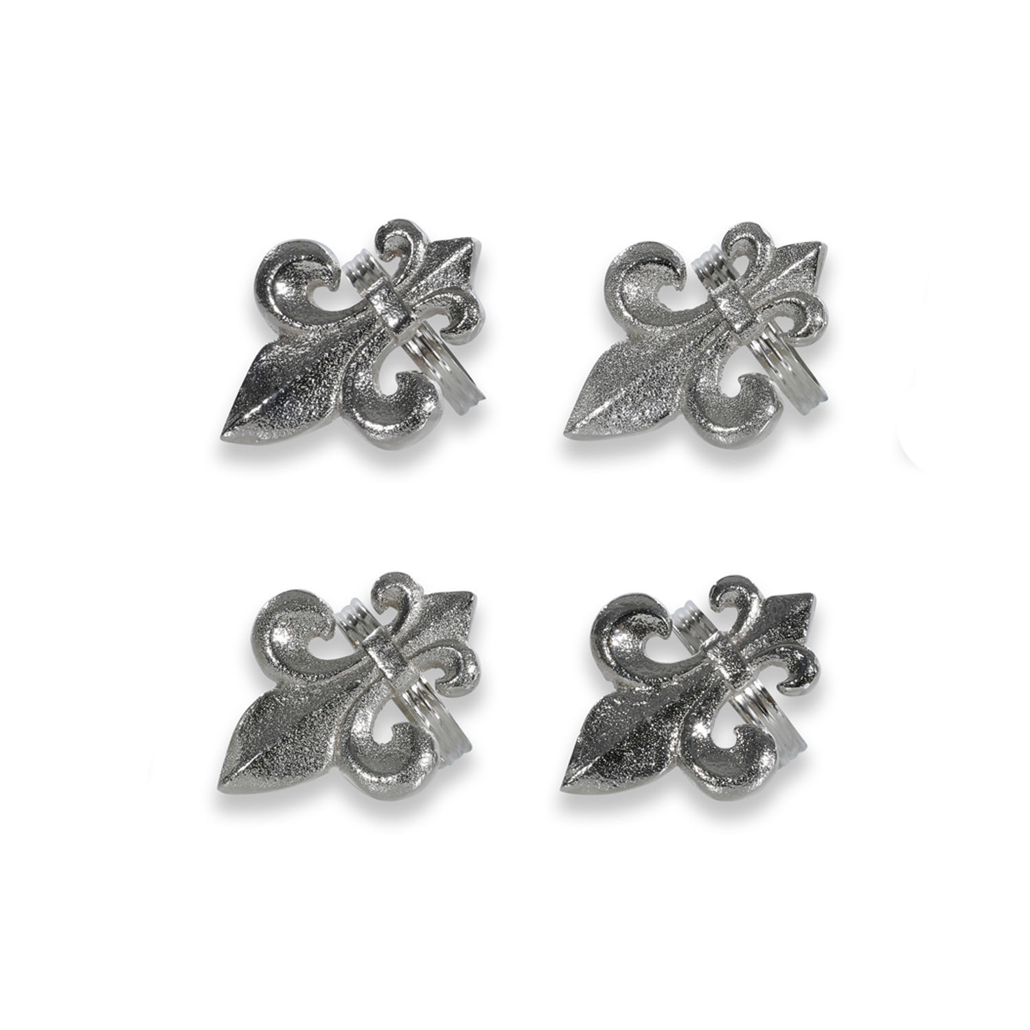 Set de 4 servilleteros Fleur De Lis Conjunto de cuatro pinzas decorativas de metal plateado con forma de flor de lis para decoración