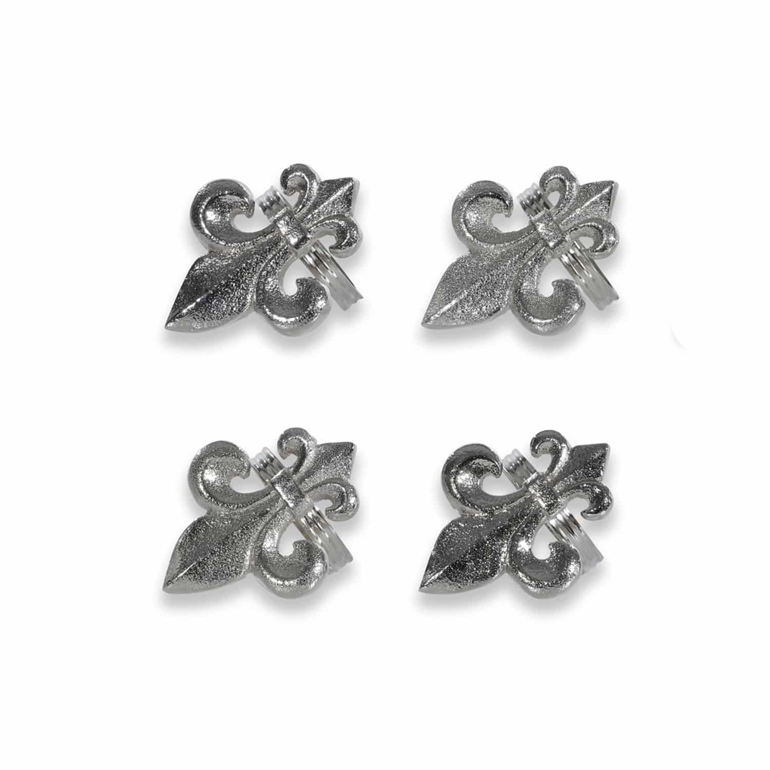 Set de 4 servilleteros Fleur De Lis Conjunto de cuatro pinzas decorativas de metal plateado con forma de flor de lis para decoración