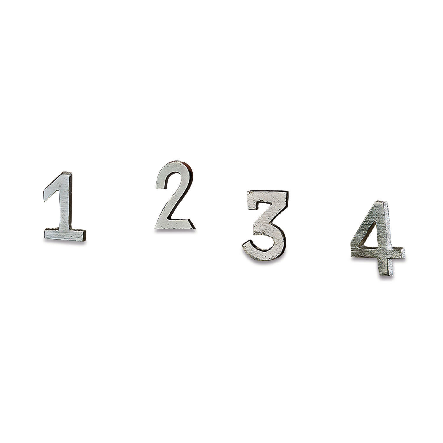 Conjunto de 4 números decorativos de metal plateado del 1 al 4 para decoración.