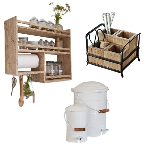 Conjunto de organizadores de cocina de madera y cubos metálicos blancos con grifo para almacenamiento