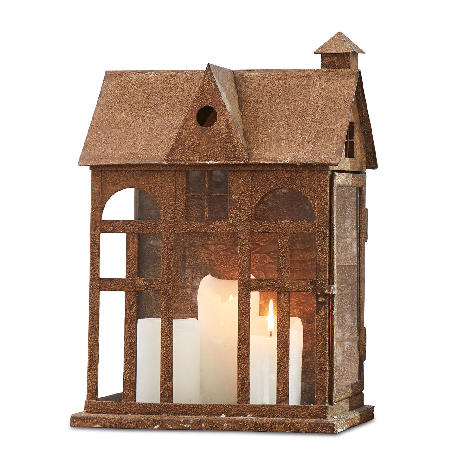 Farol Sweet Home Linterna metálica en forma de casa color óxido con tres velas blancas para decoración interior
