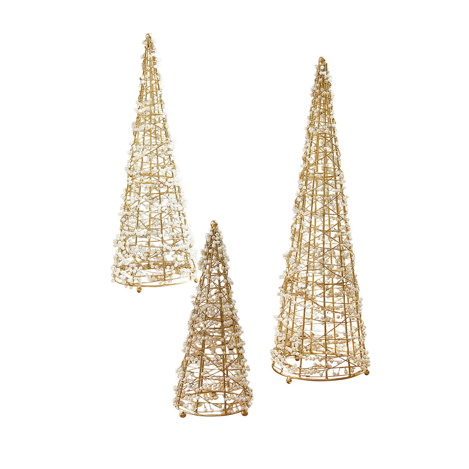 Set de 3 árboles decorativos Amelioro Conjunto de tres decoraciones cónicas doradas con bolas blancas, adornos navideños para interiores