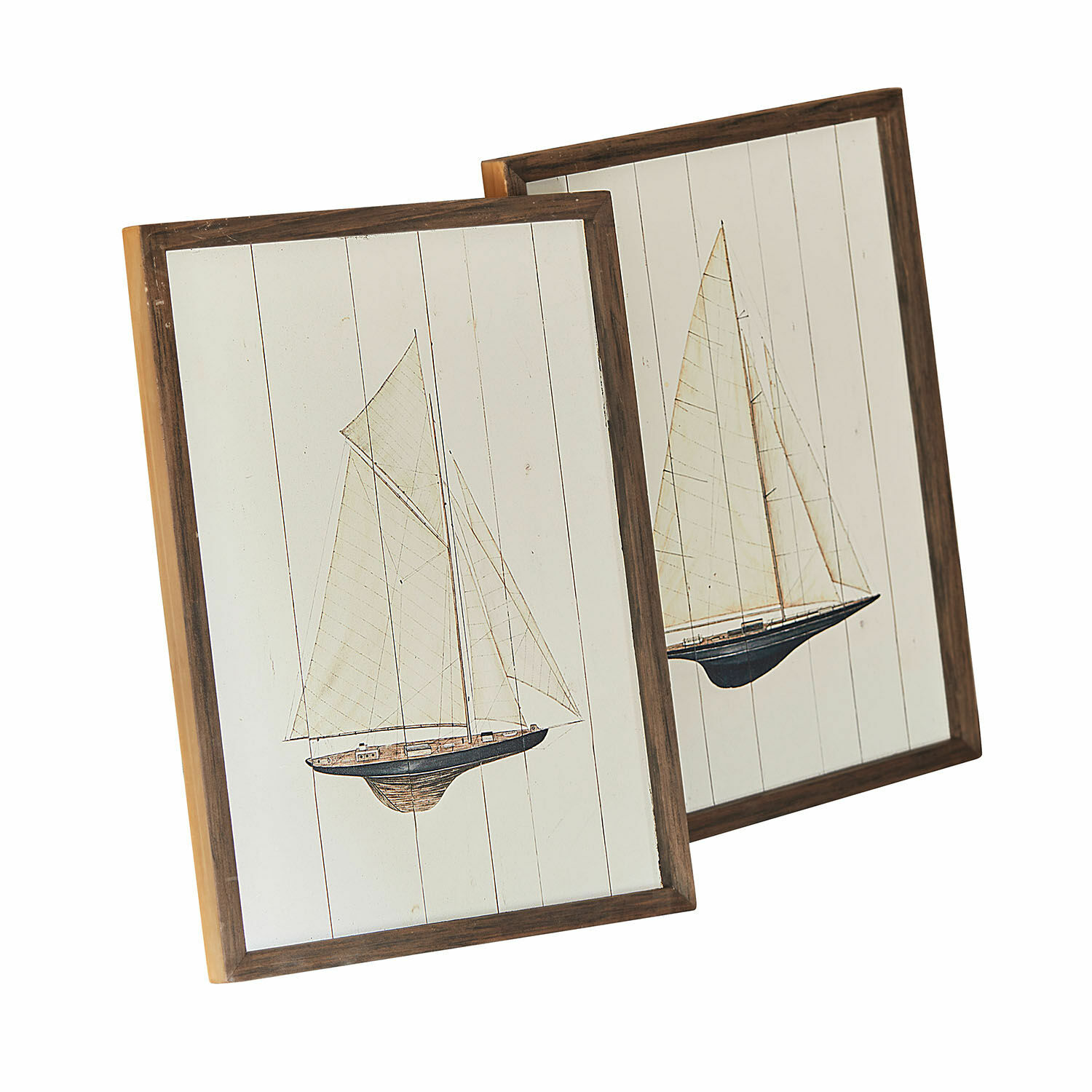 Set de 2 cuadrod Lemoux Dos cuadros de madera con veleros sobre fondo blanco, decoración de pared estilo náutico
